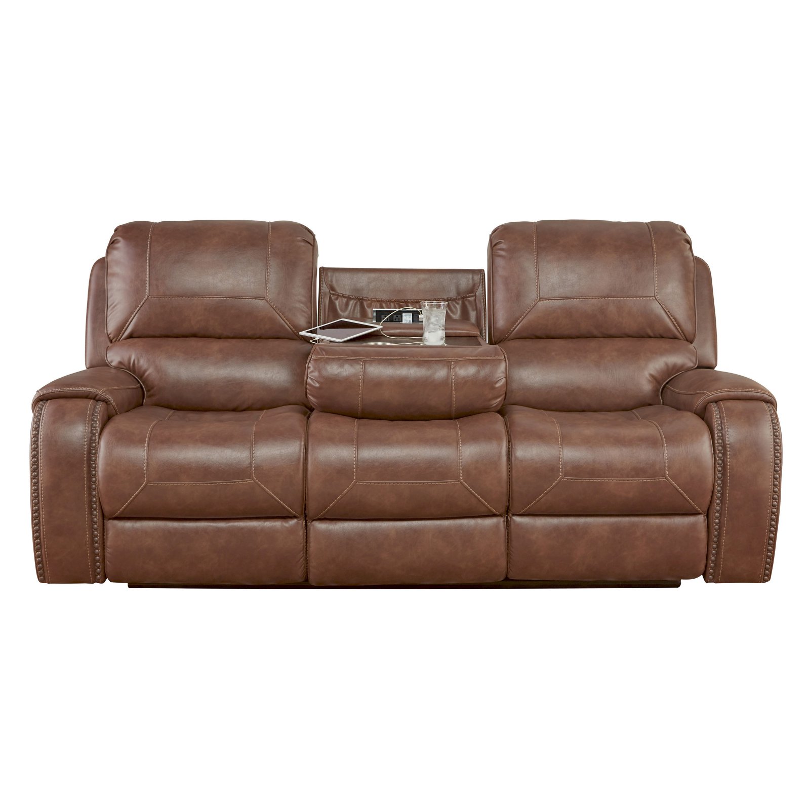 Roundhill Furniture Achern Brown Leather Nailhead Manual Reclining Sofa with Storage Console and USB Port
