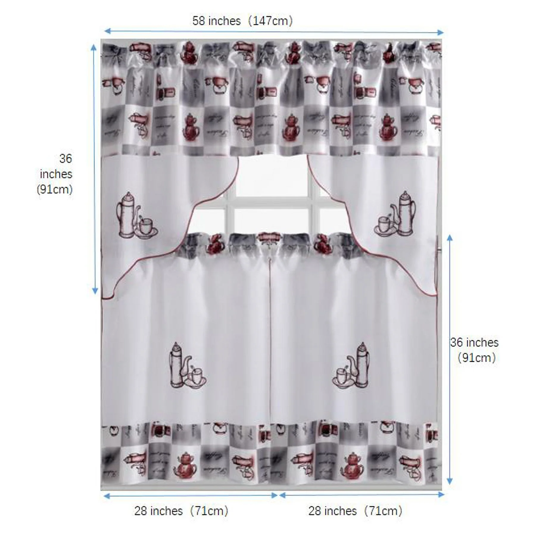 Coffee Embroidered 3-Piece Kitchen Curtain Tiers & Swag Set, Coffee color, 58x36 & 28x36 inches for daily life and holiday