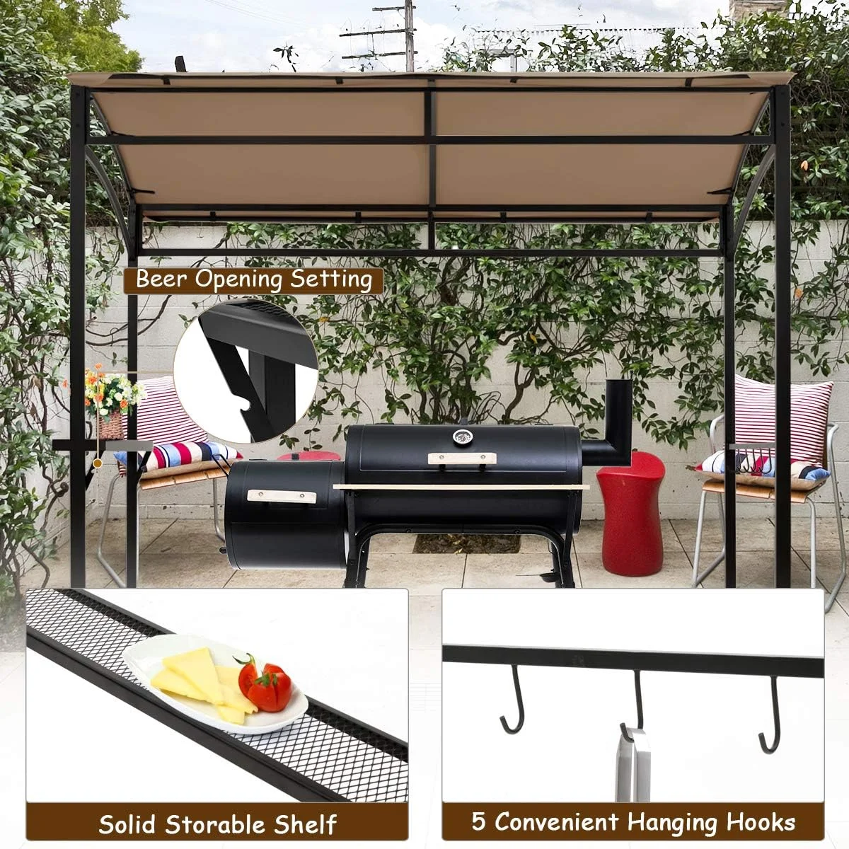 7ft Grill Gazebo, Patio Barbecue Canopy with Serving Shelf and Storage Hooks, Curved Grill Shelter w/Heavy-Duty Steel Frame Sunshade Gazebo for Outdoor Garden (Coffee)