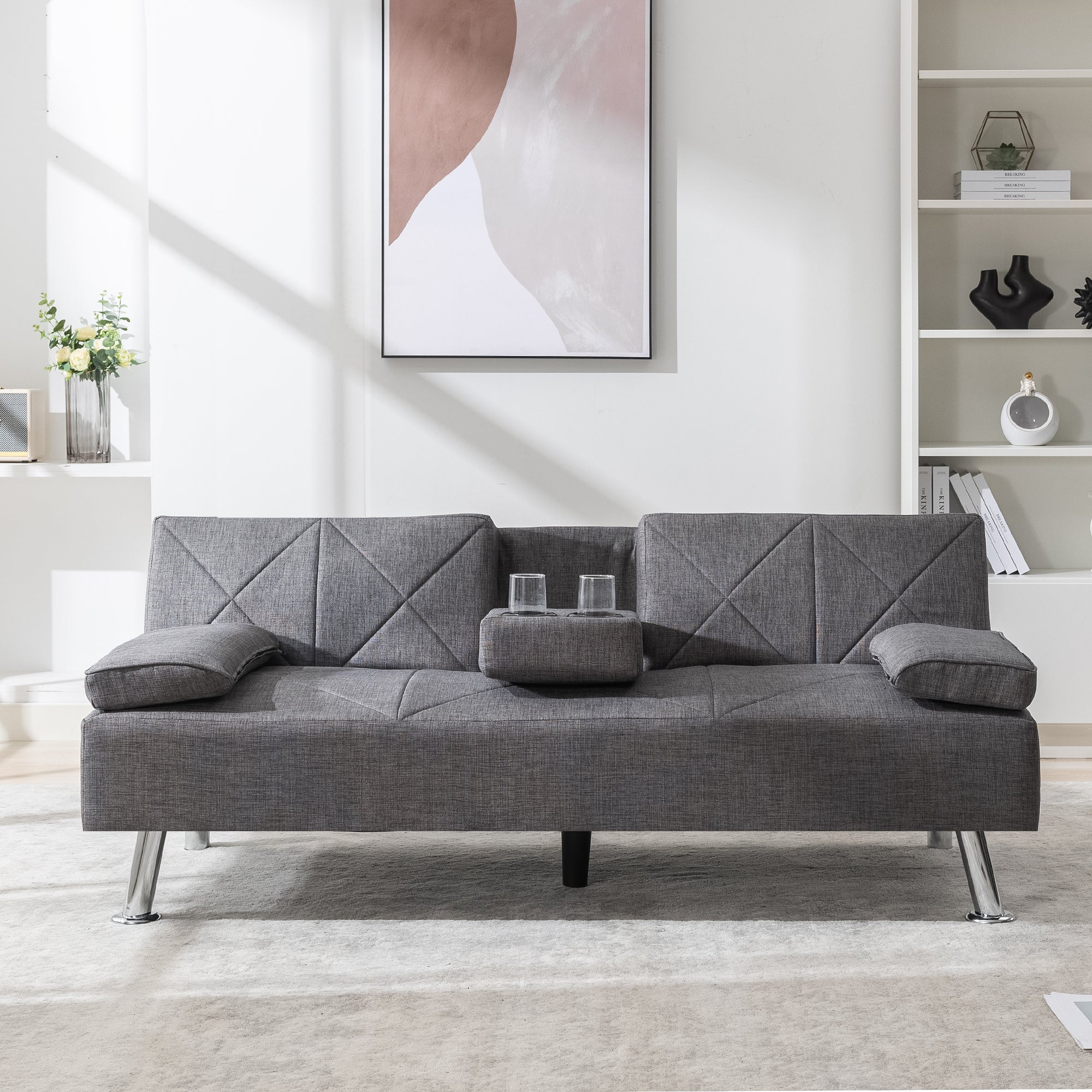 VECELO Convertible Folding Futon Sofa Bed, Modern Linen Upholstered Sleeper Couch w/Removable Armrests for Living Room, Apartment, Dorm, Metal Legs, 2 Cupholders, Gray