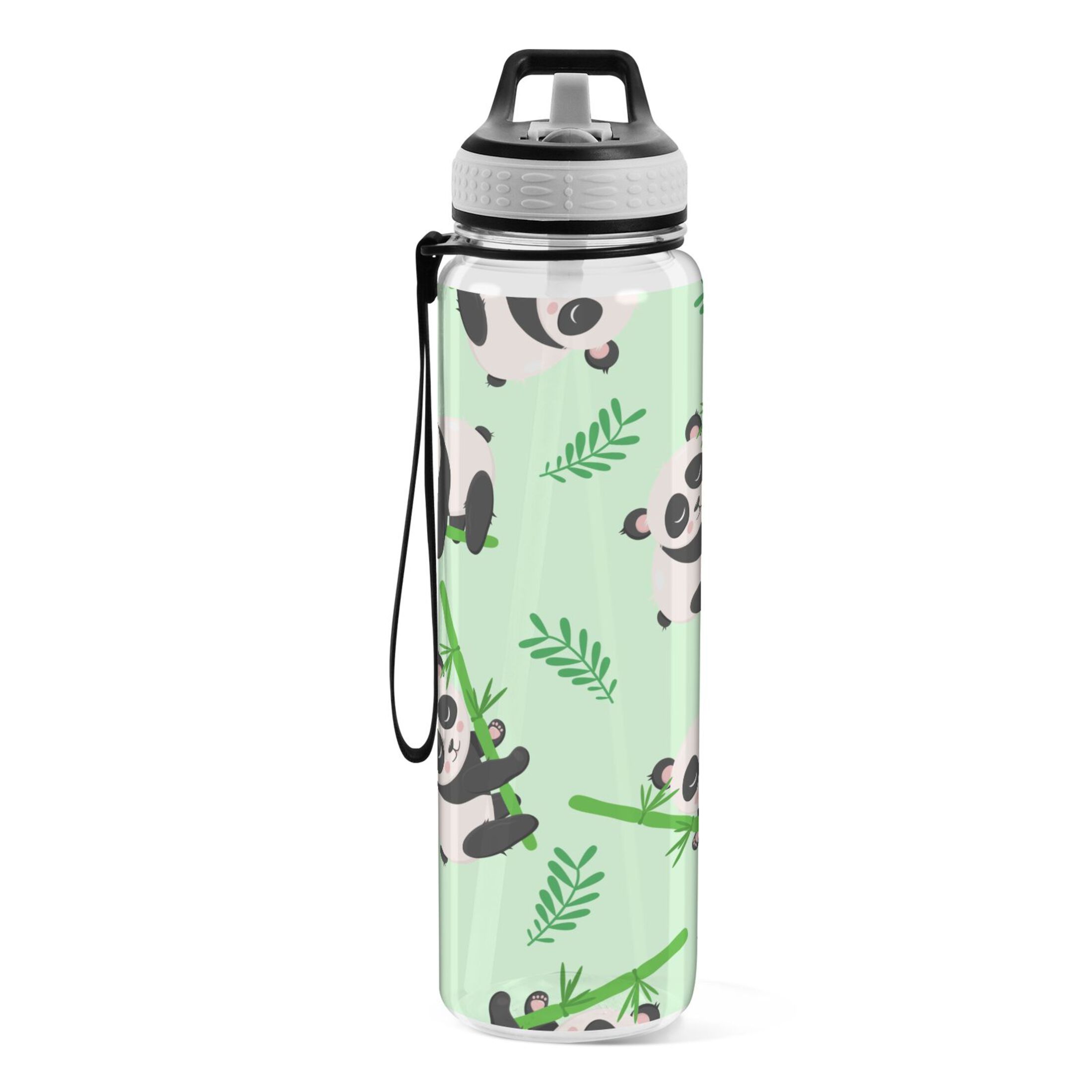 Cartoon Panda and Bamboos 32oz Water Bottles with Straw Tritan Leakproof Sports Bottle BPA Free Clear for Fitness Gym Swimming Cycling