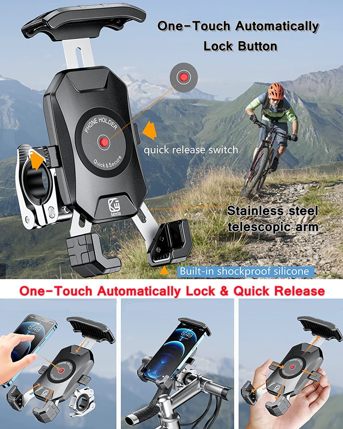 Motorcycle Phone Mount, Bike Phone Mount, Quick Install Handlebar Clip for Bicycle Scooter with Sturdy Aluminum