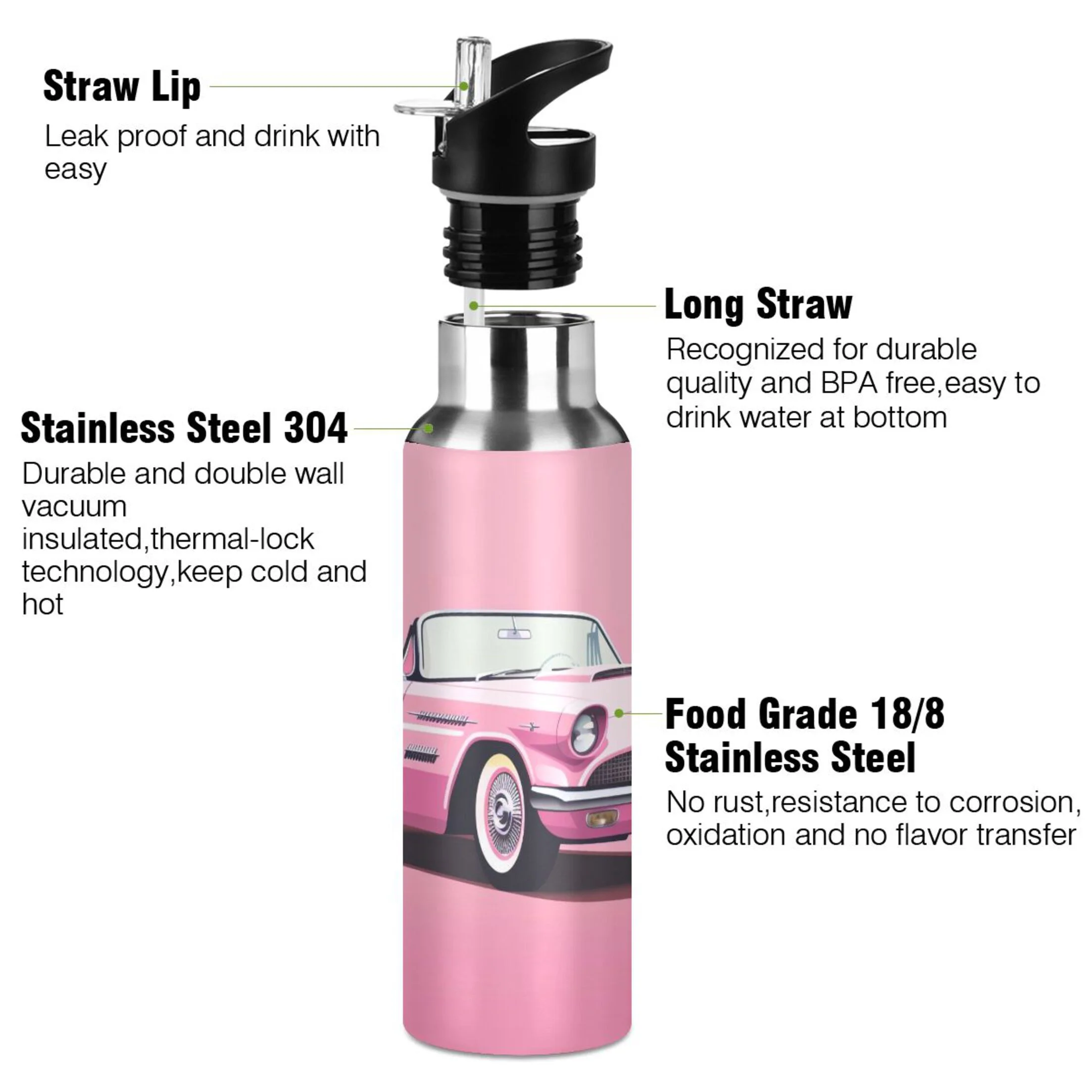 Car on Pink Water Bottles Insulated Thermos Kids Stainless Steel Bottle with Straw Lid Flask Leakproof for Sports Gym 20 oz
