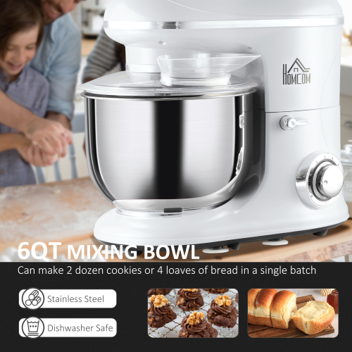 Zateety Stand Mixer with 6+1P Speed, 600W Tilt Head Kitchen Electric Mixer with 6 Stainless Steel Mixing Bowl, Beater, Dough Hook, White