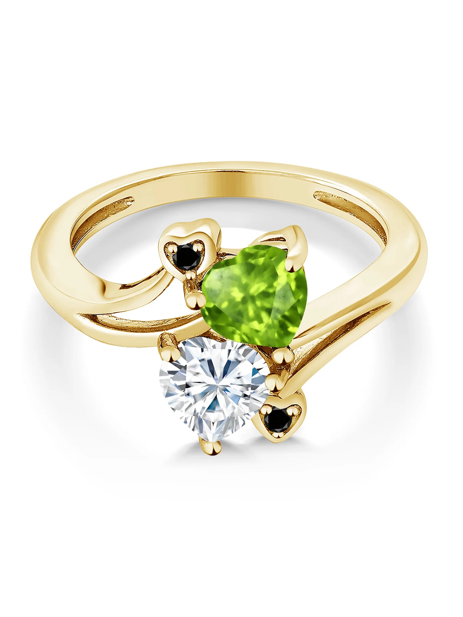 Gem Stone King 18K Yellow Gold Plated Silver Green Peridot White Moissanite and Black Diamond Ring For Women (1.60 Cttw, Heart Shape 6MM, Gemstone August Birthstone, Available In Size 5, 6, 7, 8, 9)