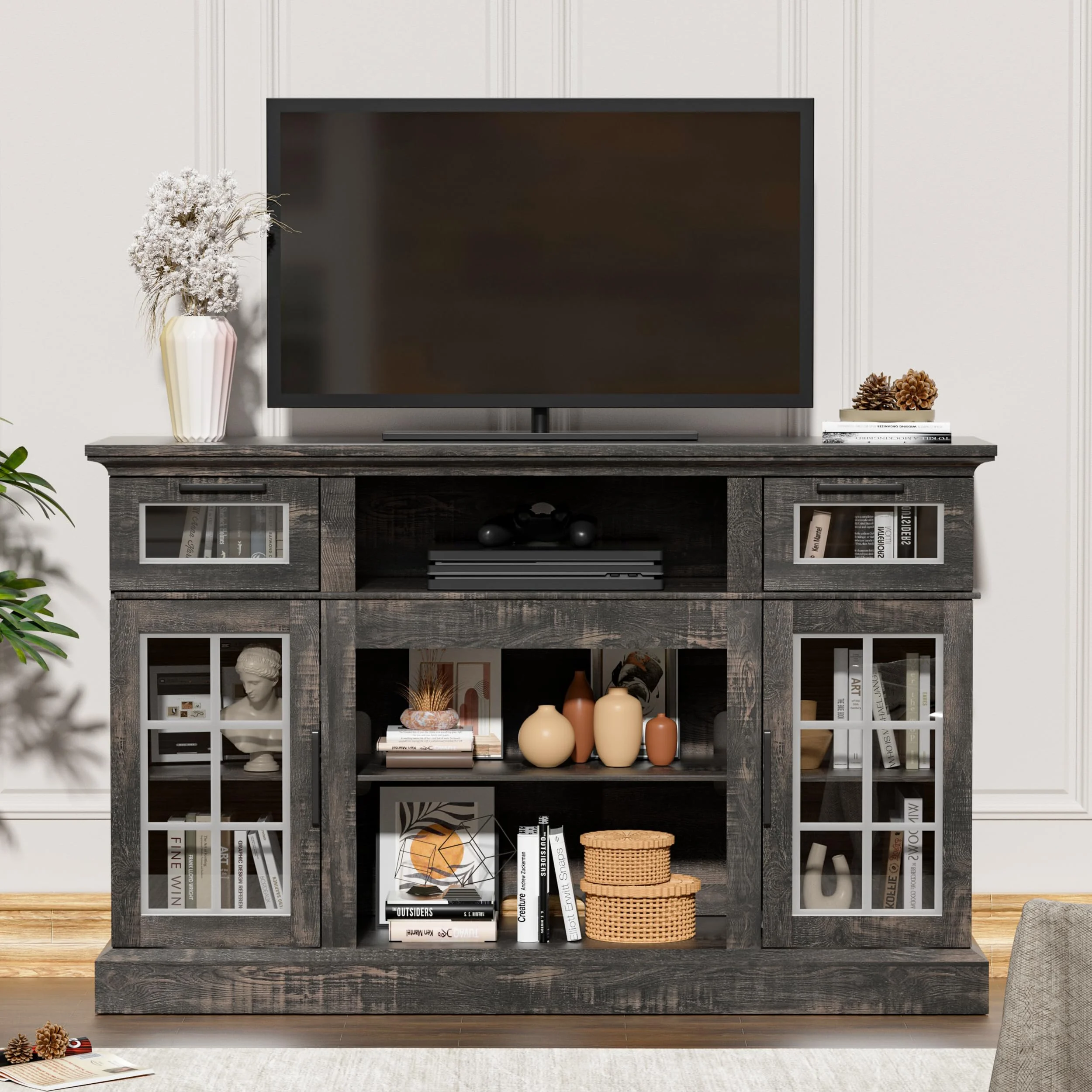 Relefree TV Stand with Glass Door & Drawer, 58 in Modern Entertainment Center for TVs up to 65 in, Tall Farmhouse TV Console for Living Room, Bedroom, Dark Rustic Oak
