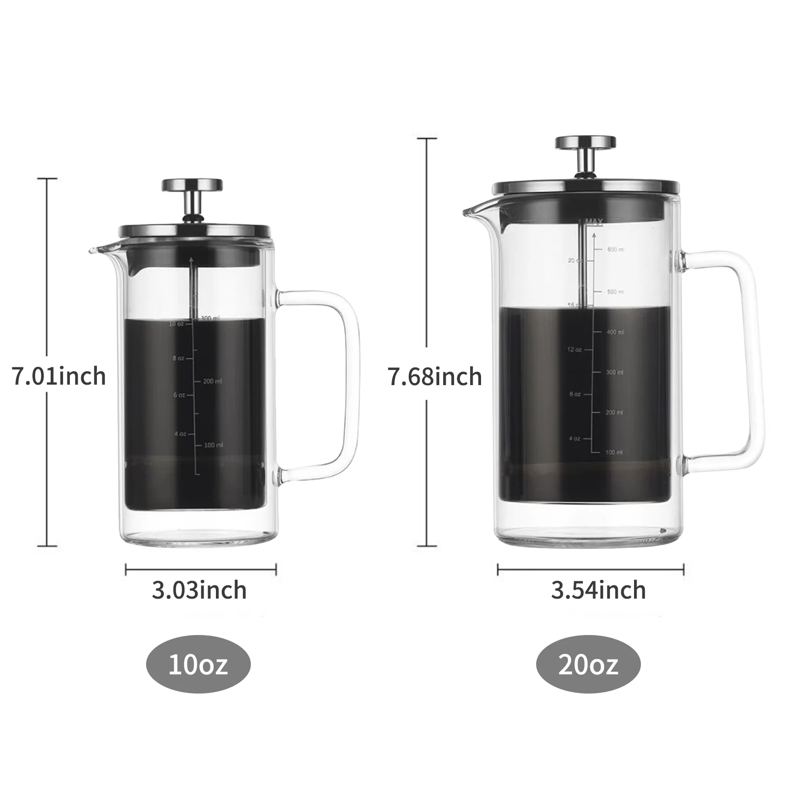 20oz Double Walled French Coffee Maker Heat Resistant Borosilicate Glass Coffee Pot with High-Density Stainless Steel Filter