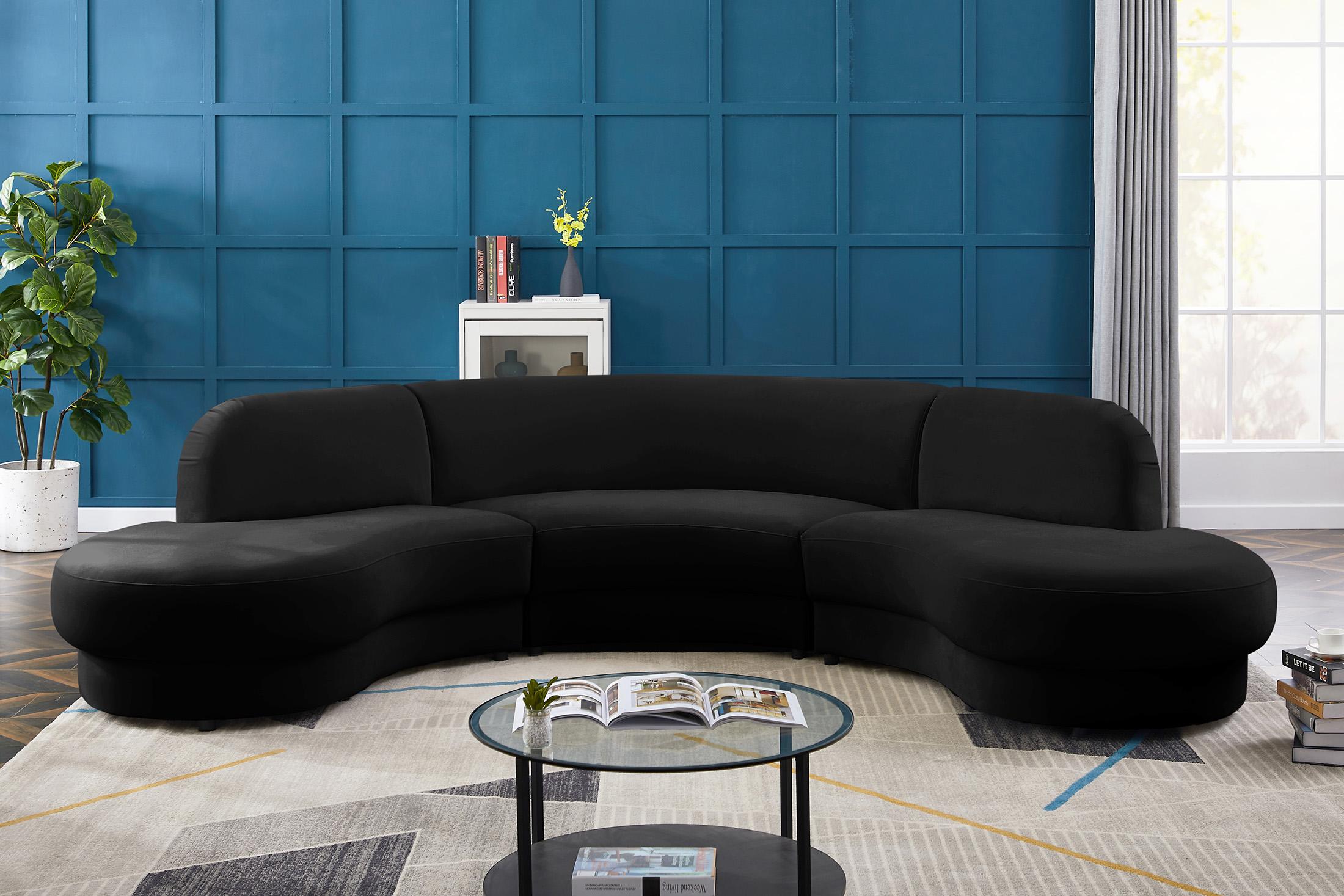 Glam BLACK Velvet Rosa Sectional Sofa 628Black Meridian Contemporary Modern