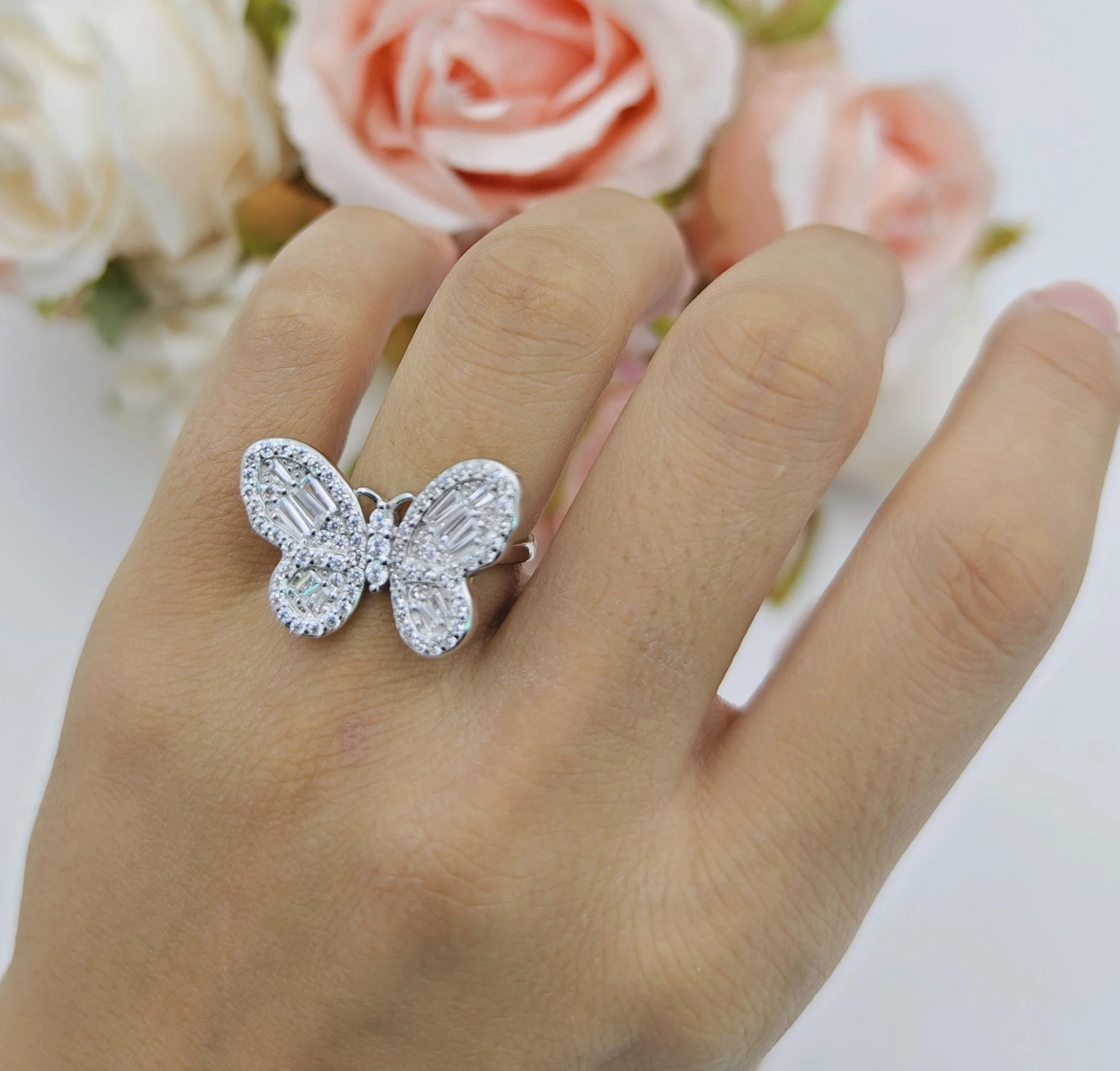 Cluster Butterfly Ring Baguette Cubic Zirconia White Tone 925 Sterling Silver, Size 5