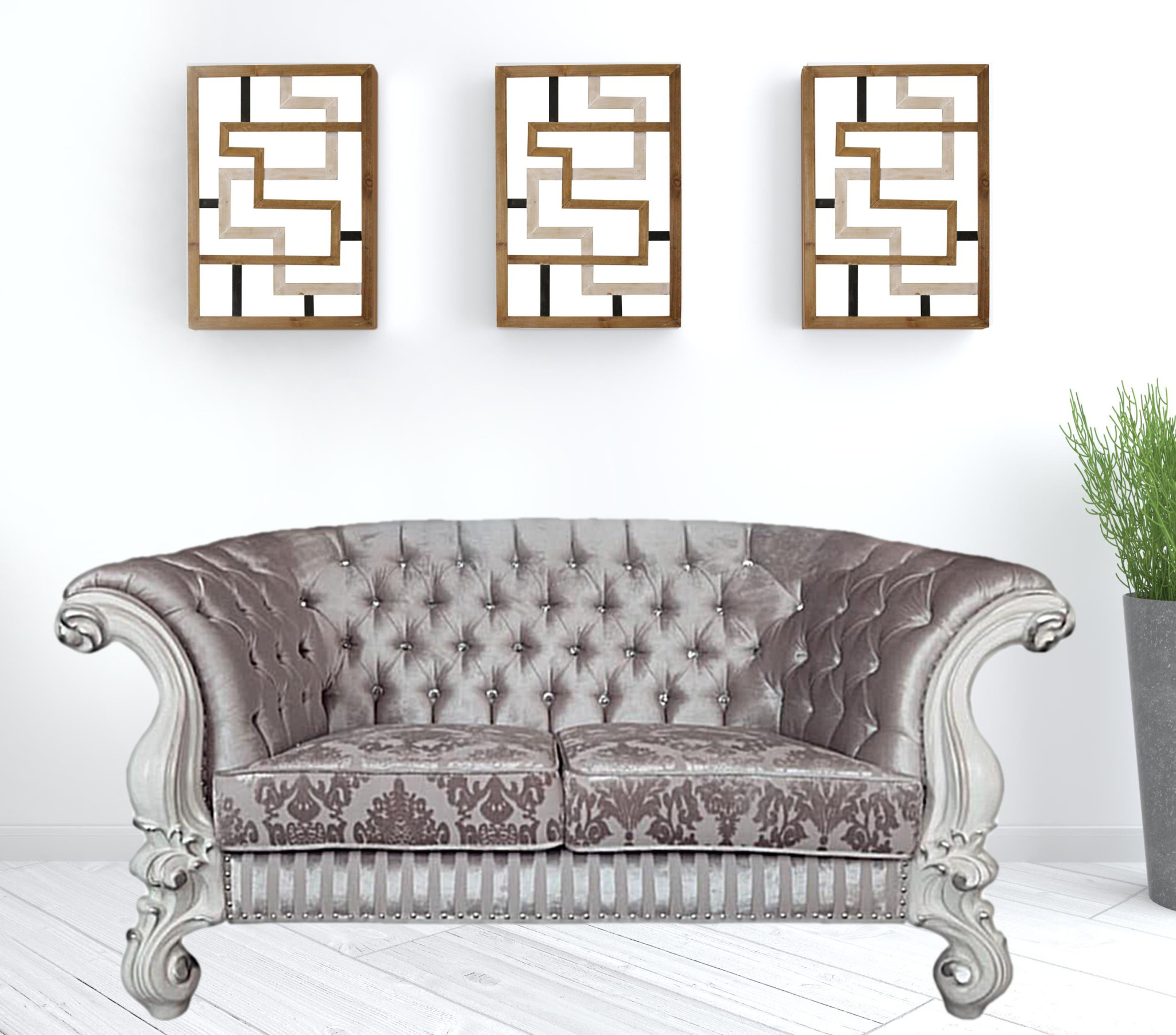 HomeRoots 515715 76 in. Ivory & Off White Velvet Love Seat Sofa & Toss Pillows