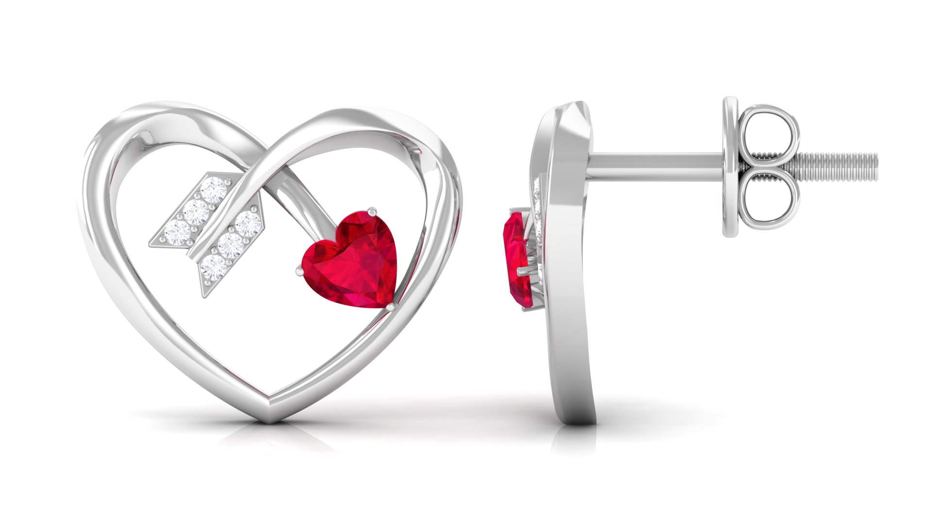 Heart Arrow Stud Earrings with 3/4 CT Created Ruby and Diamonds, 925 Sterling Silver