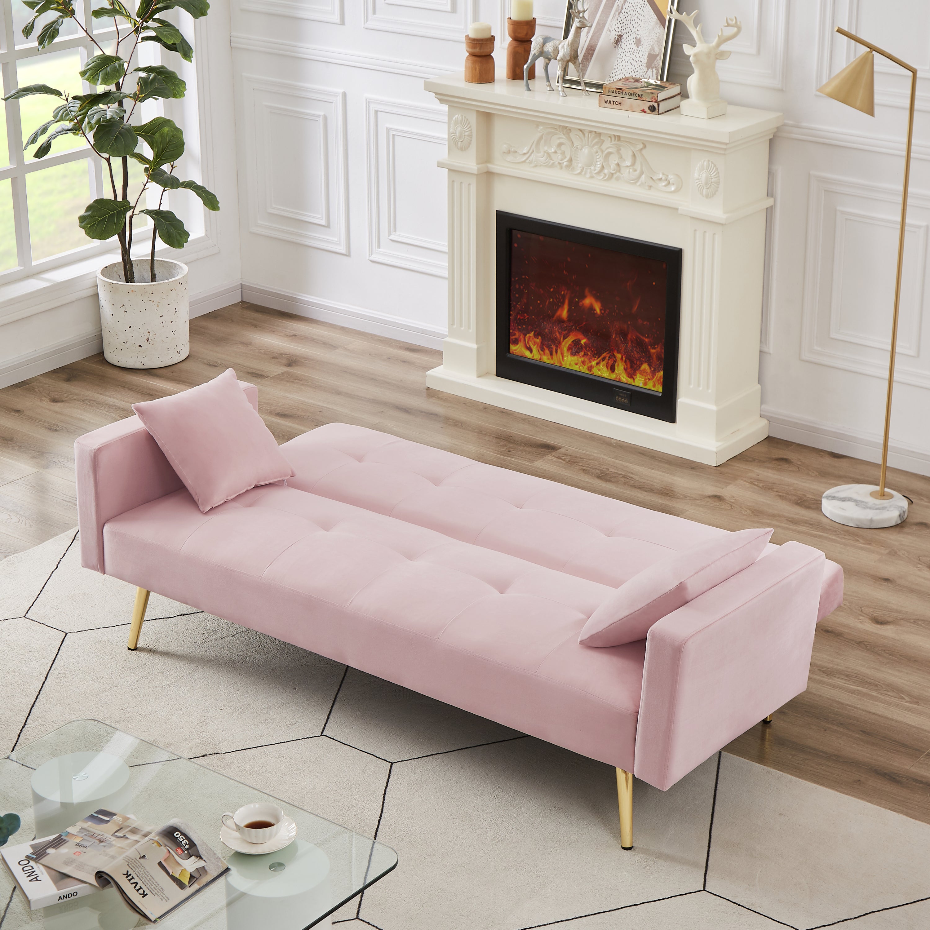 Fuco Convertible Velvet Sofa Bed - Pink