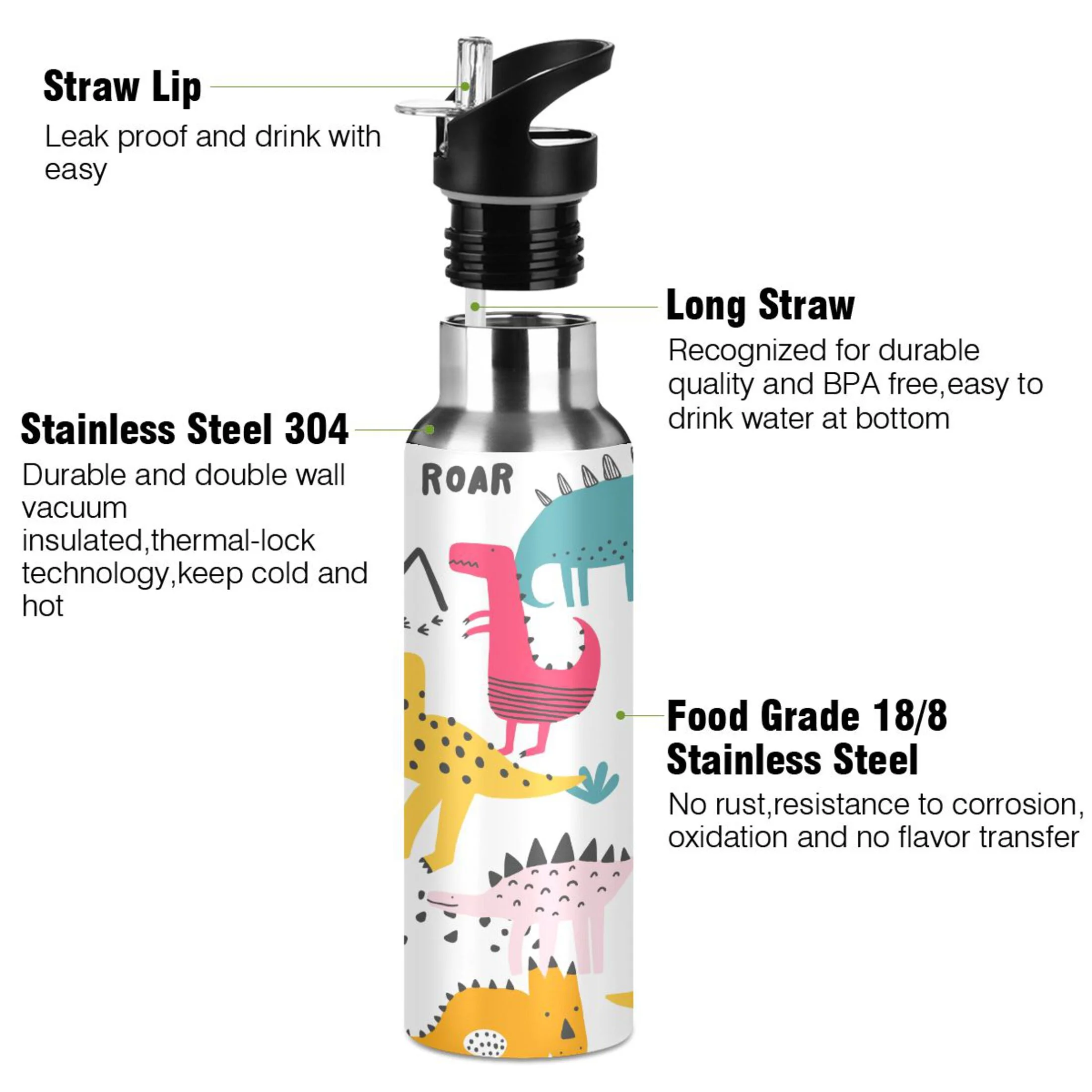 Water Bottle with Straw Lid Leak Bright Colorful Dinosaurs Stainless Steel Insulated Thermos Vacuum Flask for Cold Hot Drinking for Sports Camping Gym Yoga