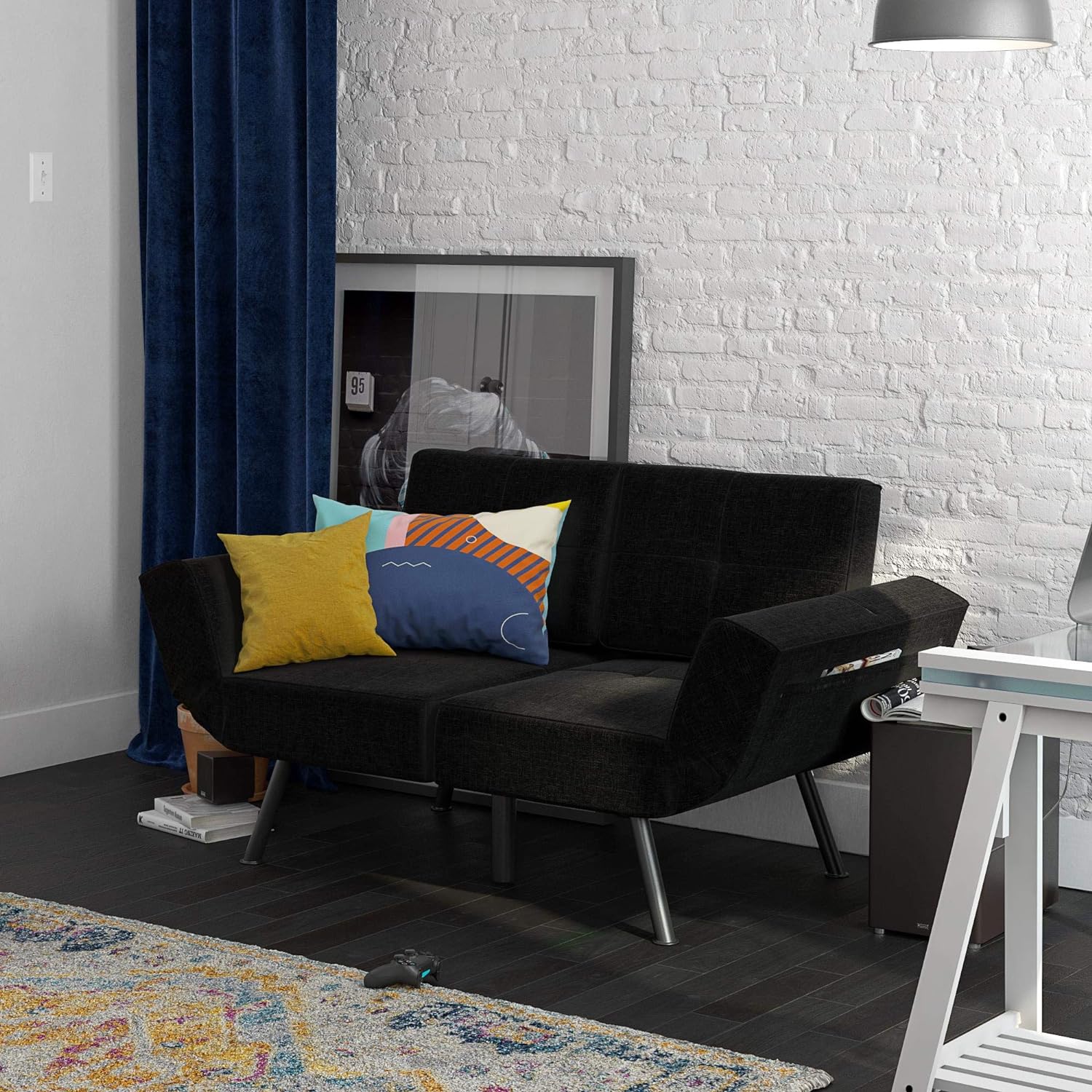 Euro Upholstered Tufted Loveseat Futon With Storage Pockets, Black Linen