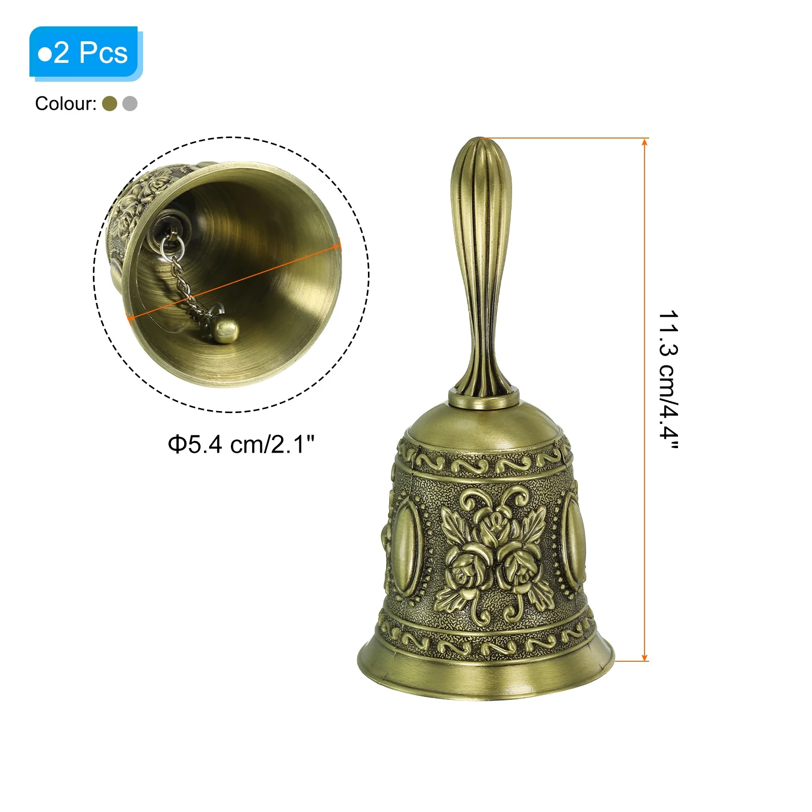 Hand Bell, 2pcs Dinner Bell Call Bell Vintage Carved Metal for Dinner Service Church Christmas, Bronze/Silver