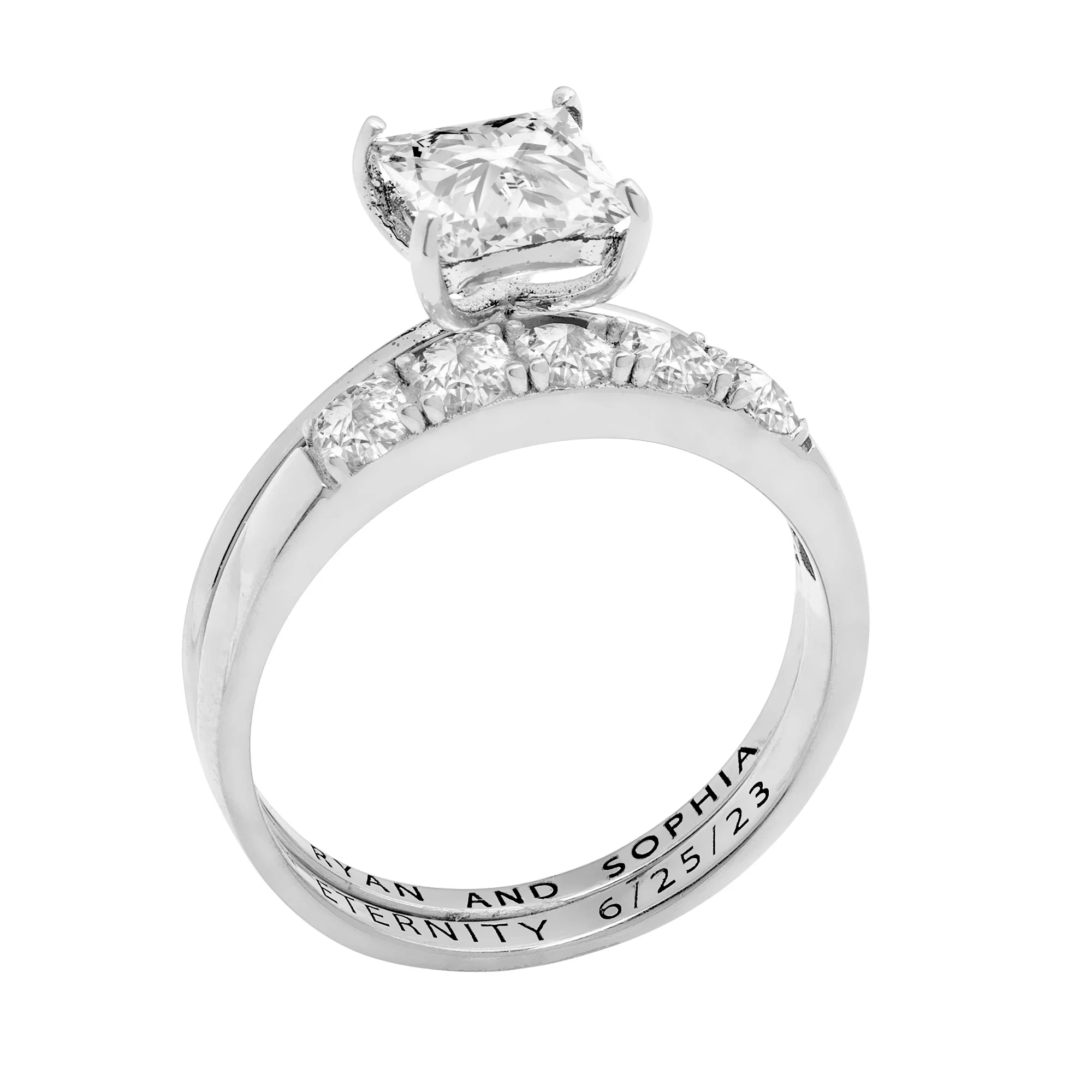 Vow & Forever Personalized Planet Bridal Platinum over Sterling Silver Square White Topaz 2-Piece Engraved Wedding Ring Set ,Women's