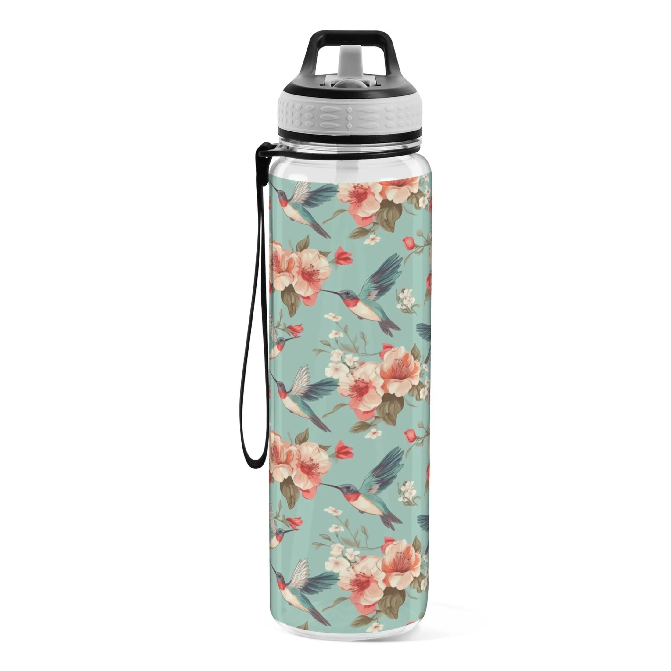 Flowers Hibiscus Birds 32oz Water Bottles with Straw Tritan Leakproof Sports Bottle BPA Free Clear for Fitness Gym Swimming Cycling
