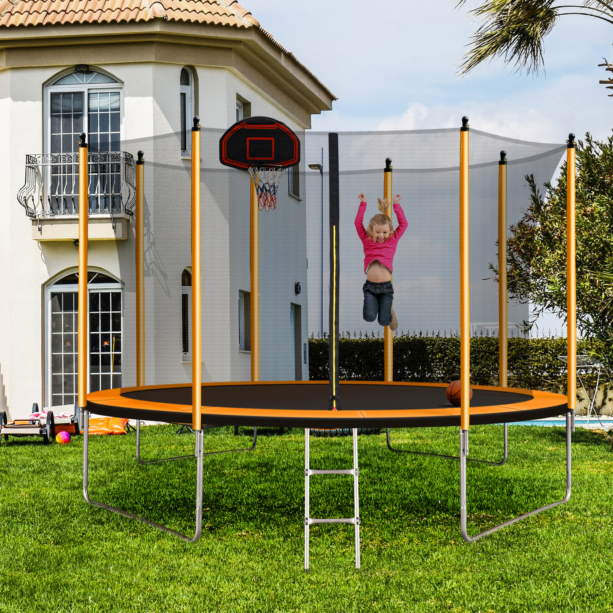 10FT Trampoline with Basketball Hoop, Inflator, and Ladder - Inner Safety Enclosure Included | Ideal for Outdoor Trampoline Fun-Orange