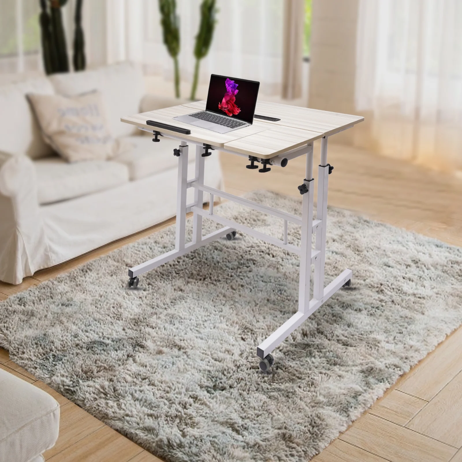 YIYIBYUS Adjustable Mobile Stand Up Desk 3 Desktops Rolling Table Home Office Desk Workstation Laptop Cart with Footrest