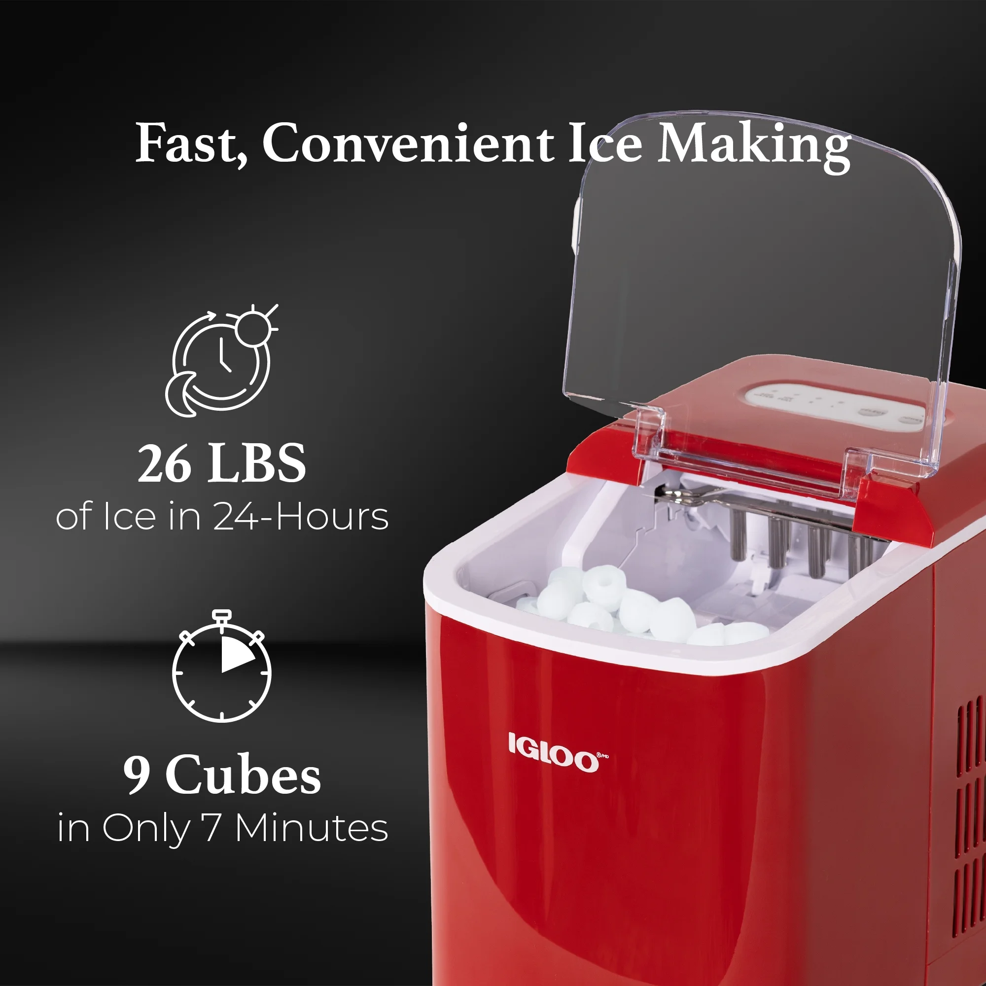 Igloo IGLICEB26RD 26-Pound Automatic Portable Countertop Ice Maker Machine - Retro Red