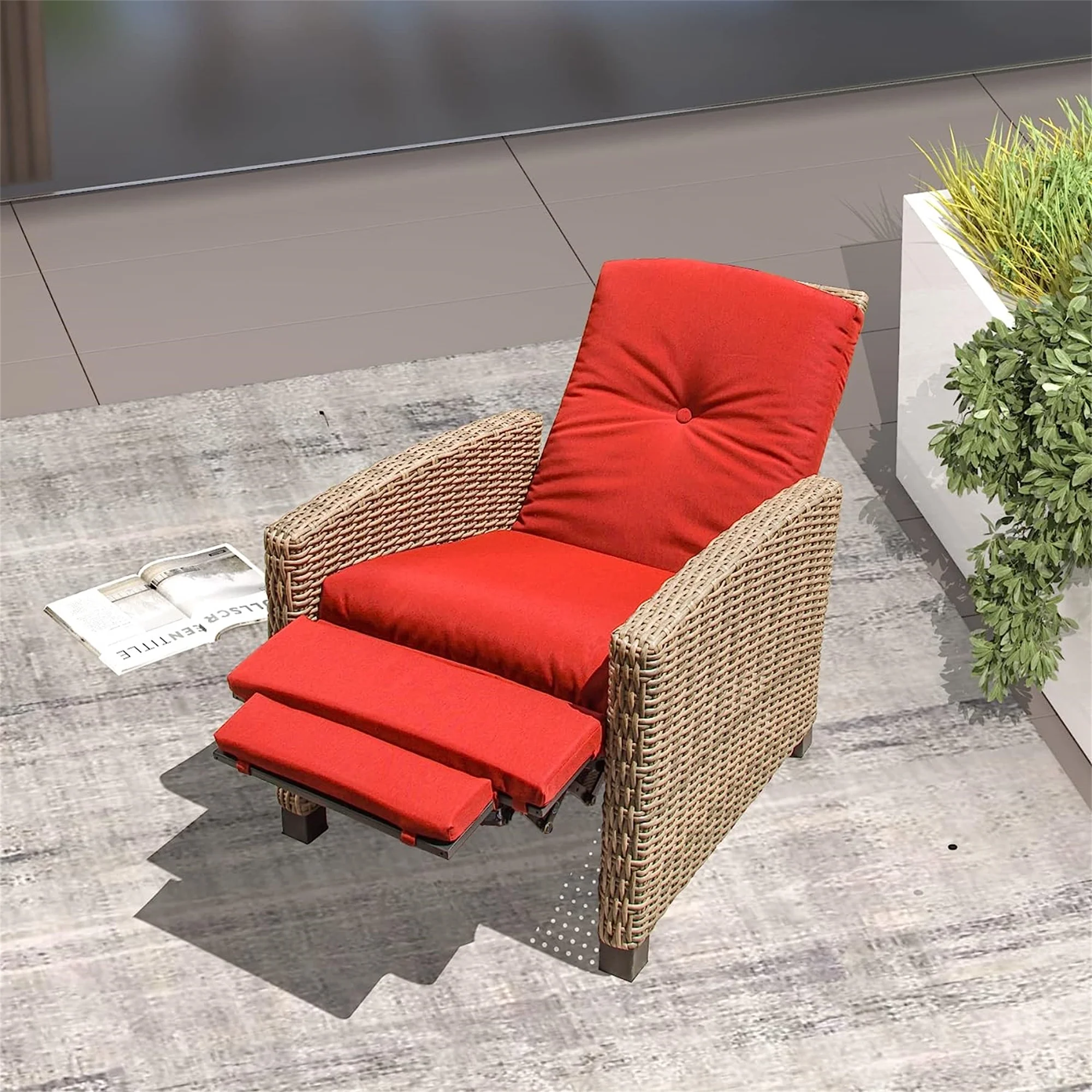 CoSoTower Indoor & Outdoor Recliner, All-Weather Wicker Reclining Patio Chair, Red Cushion (Red, 1 Chair)