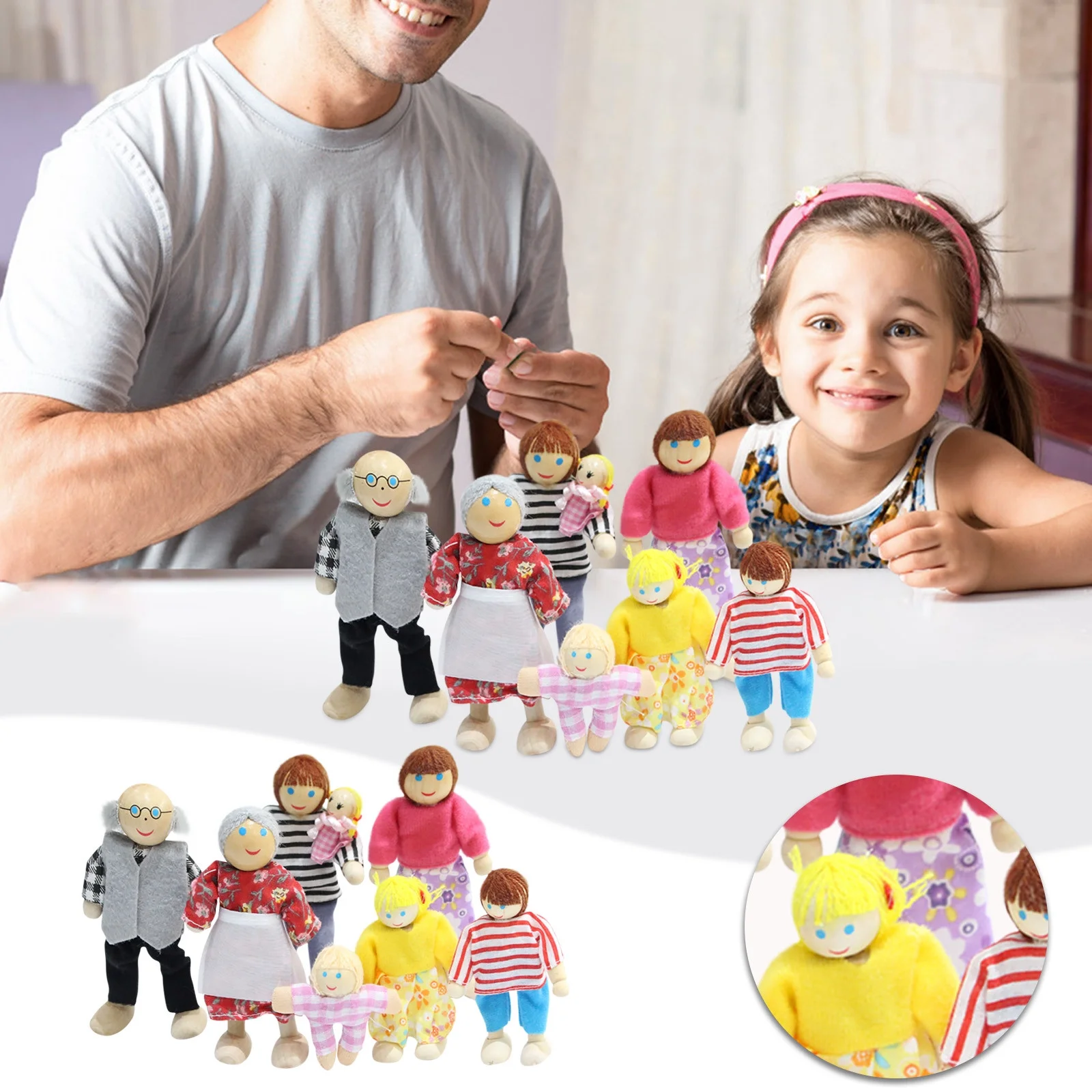 Sodopo Wooden Doll House Family Dress-up Characters, Family Role-Play Dress-up Characters Grandpa, Grandma, Mom, Dad, Children, Baby Family of 7, Kids' Dress Up & Pretend Play