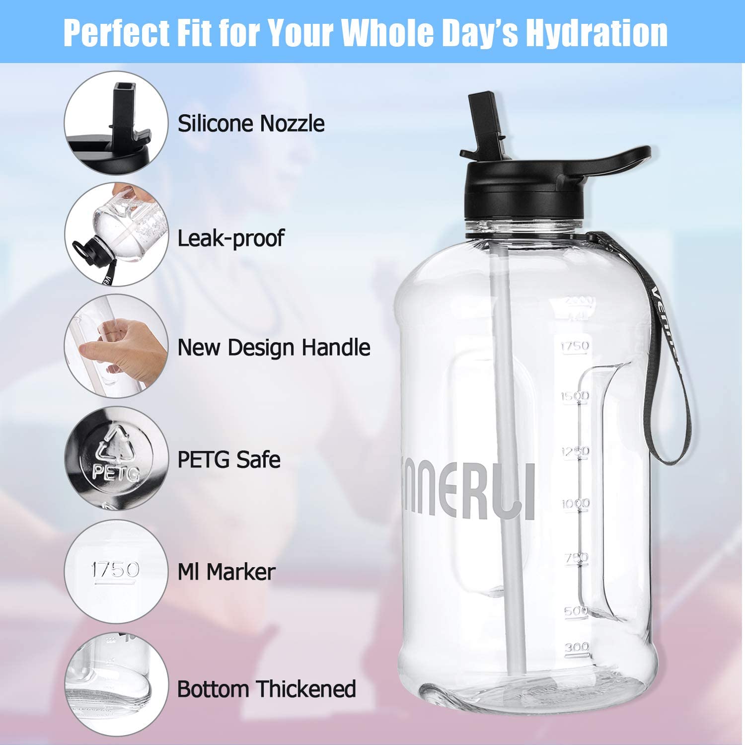VENNERLI Half Gallon Water Bottle with Handle BPA Free Sports Water Bottles 74oz Large Plastic Water Jug with Straw 2.2L Motivational Water Bottle with Straw for Outdoor Hiking Camping Running