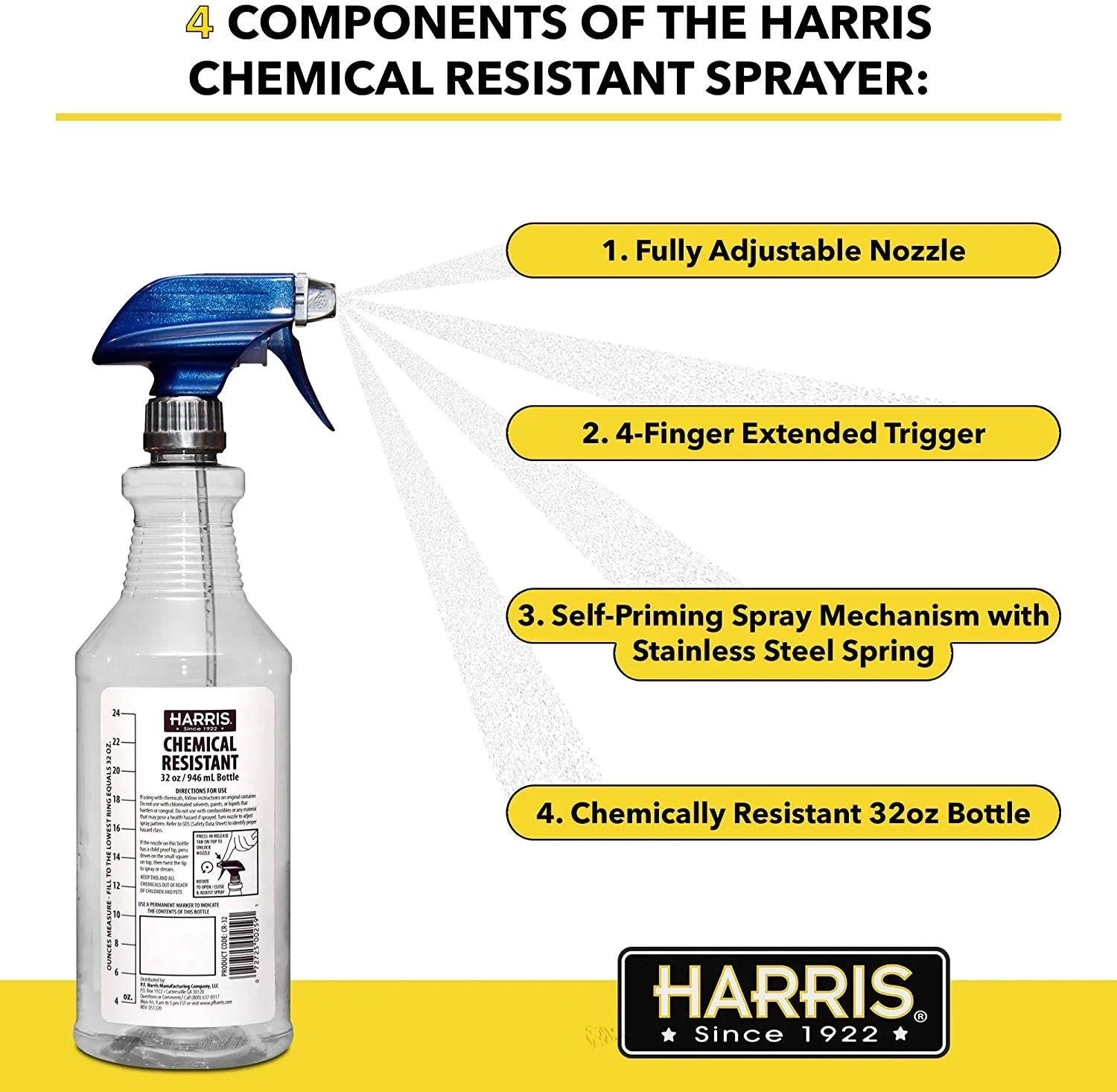 Harris Chemically Resistant Professional Spray Bottles, 32oz 3-Pack