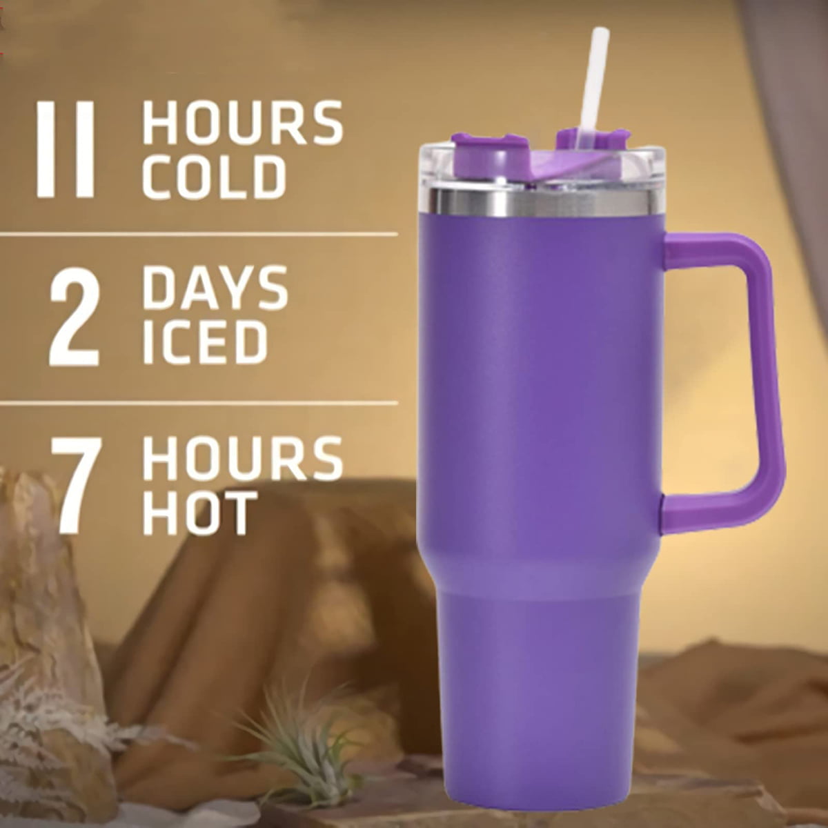 ONTNO 40 OZ Tumbler Insulated Water Bottle with Straw Flip Straw Tumbler Travel Mug Cup with Handle for Women&Men-Purple