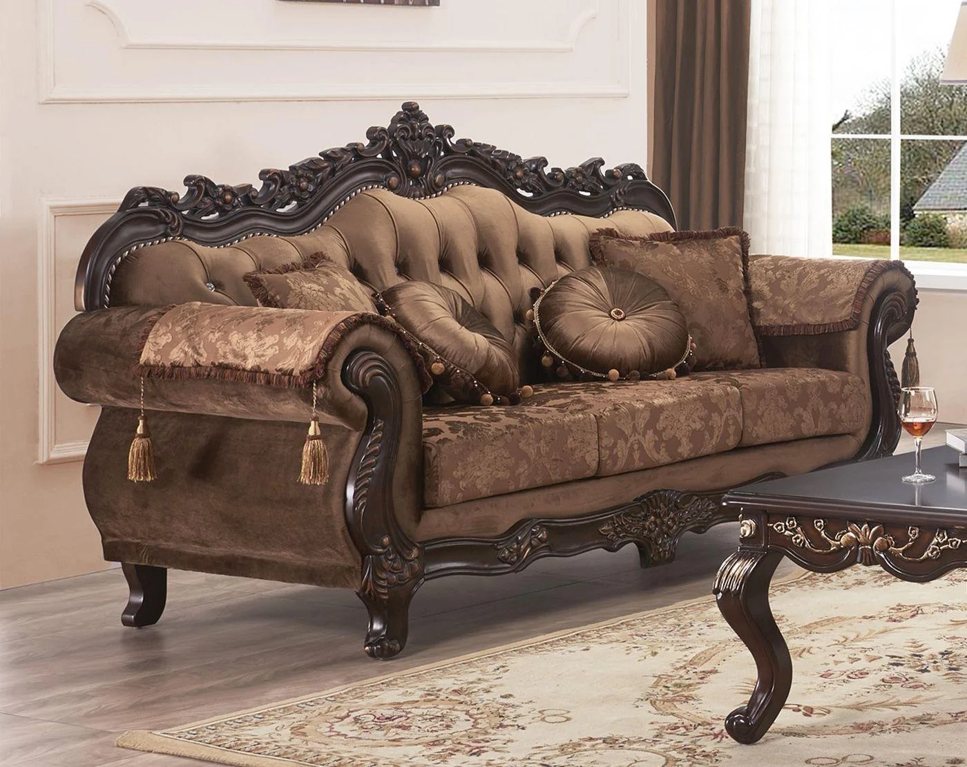 Dark Walnut Carved Wood Sofa Set 3Pcs McFerran SF2267 Classic Traditional