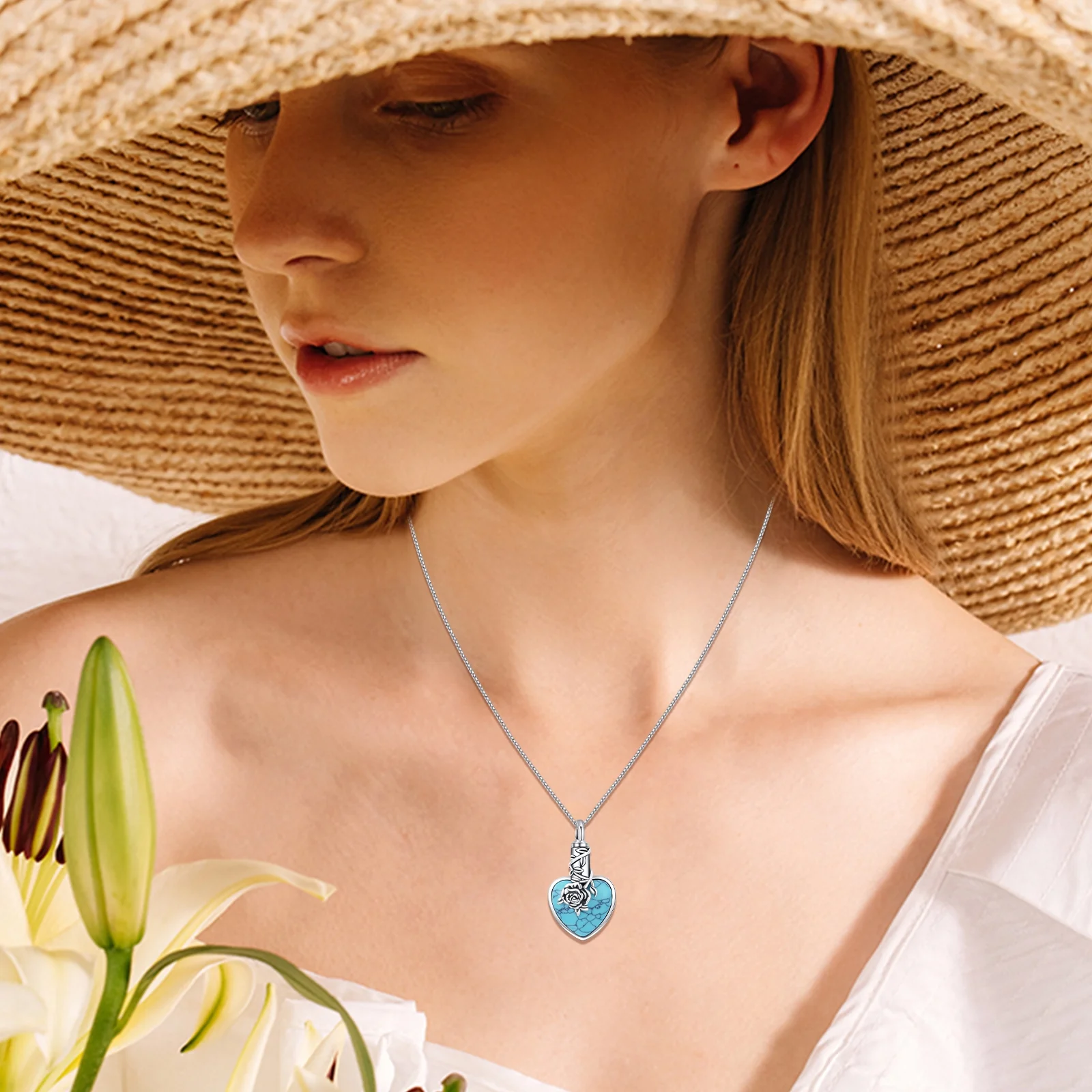 AOVEAO Natural Turquoise Urn Necklace Sterling Silver Memorial Heart Pendant Necklaces for Ashes with A Rose Western Cremation Keepsake Jewelry for Women