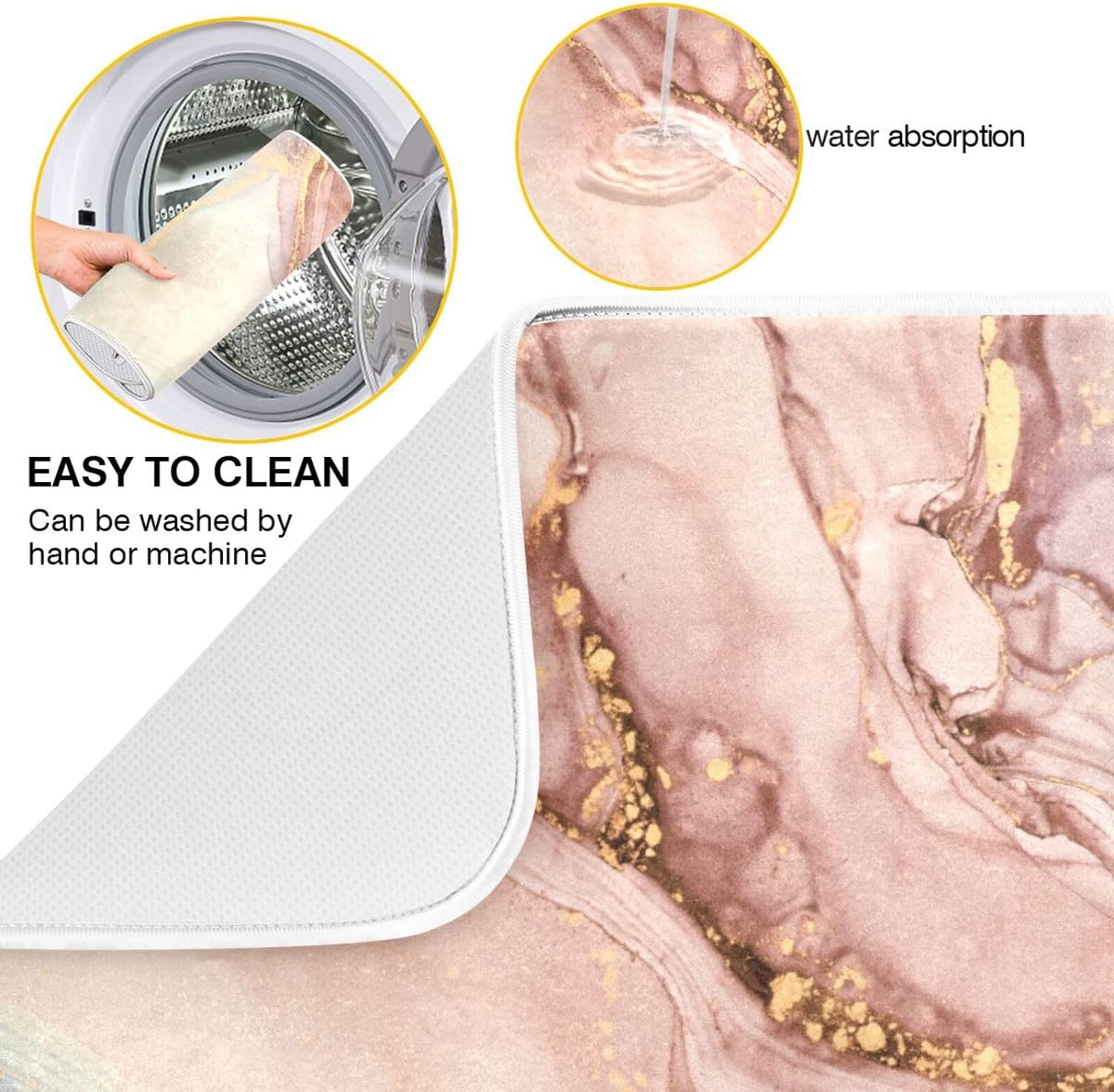 Wellsay Gold Pink Marble Texture Dish Drying Mat for Kitchen Counter,Super Quick Absorbent Composite Sponge Dish Drying Pad,Heat Resistant Non-Slip Rack Tableware Mat (18x24Inch)
