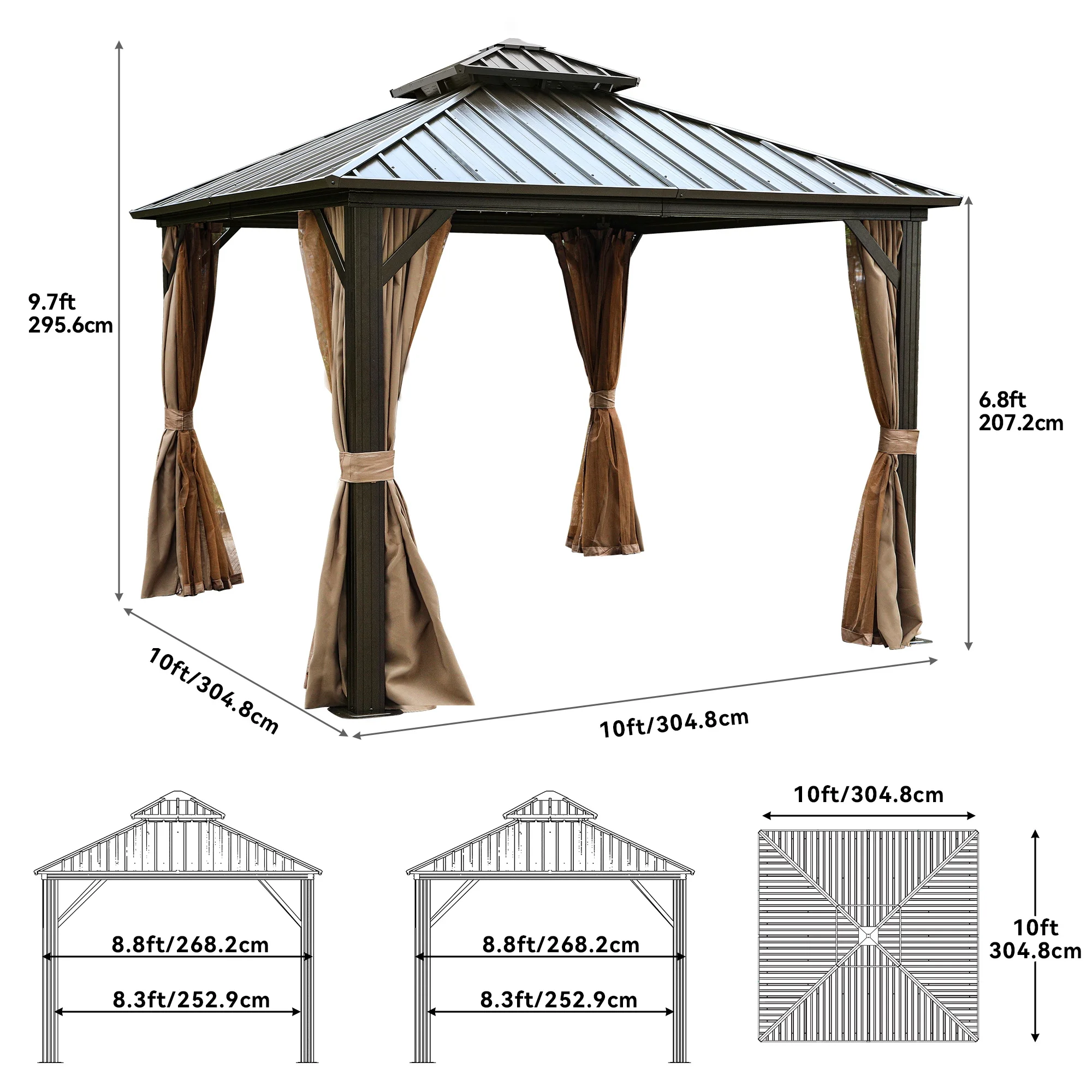 Dextrus 10x10FT Double Roof Hardtop Gazebo with Nettings&Curtains, Sturdy Galvanized Steel Structure, for Patio, Backyard, Deck, and Lawns -Bronze
