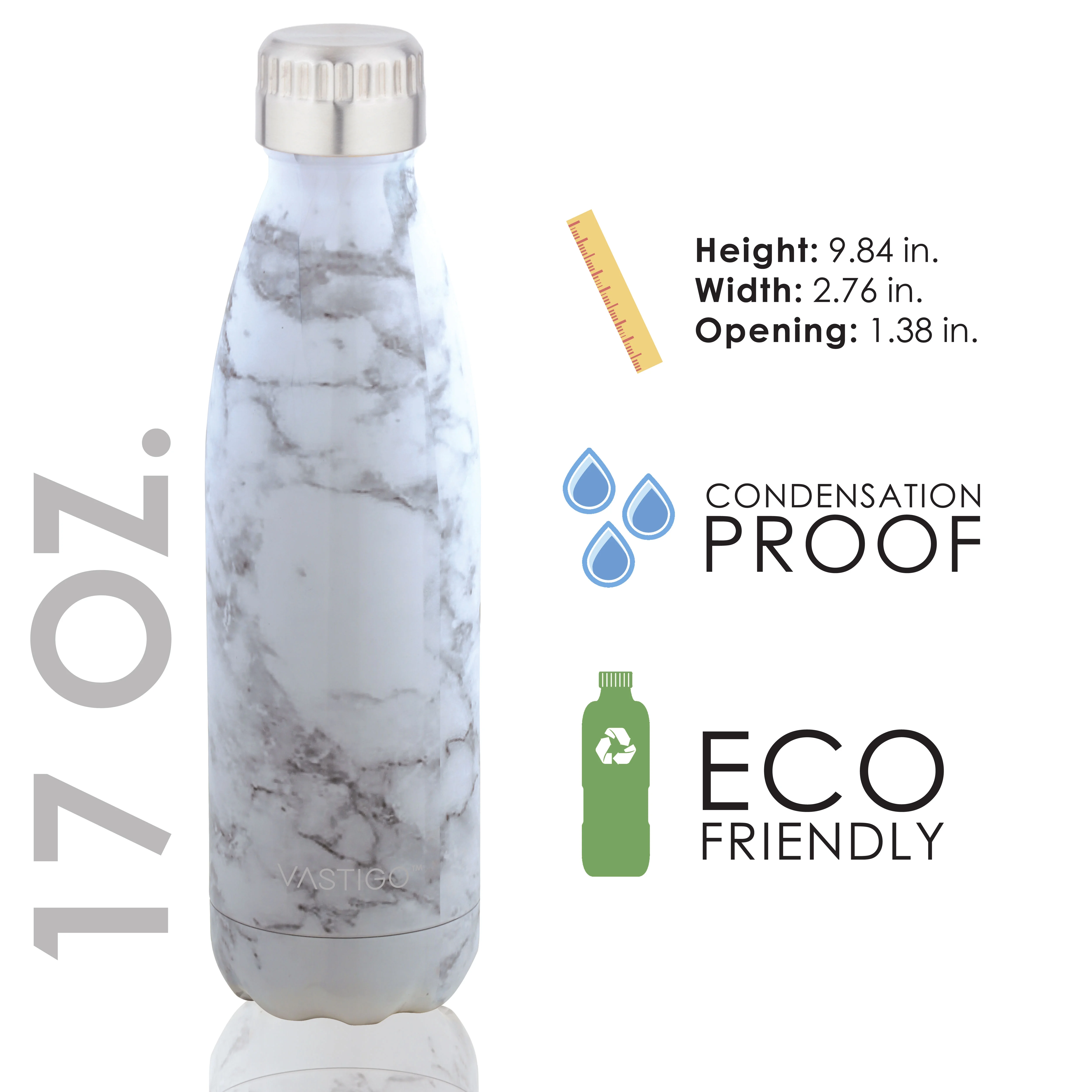 Vastigo HydraCore Stainless Steel 17 Oz Water Bottle w/Double-Wall Copper Lined, Vacuum Insulation- Marble