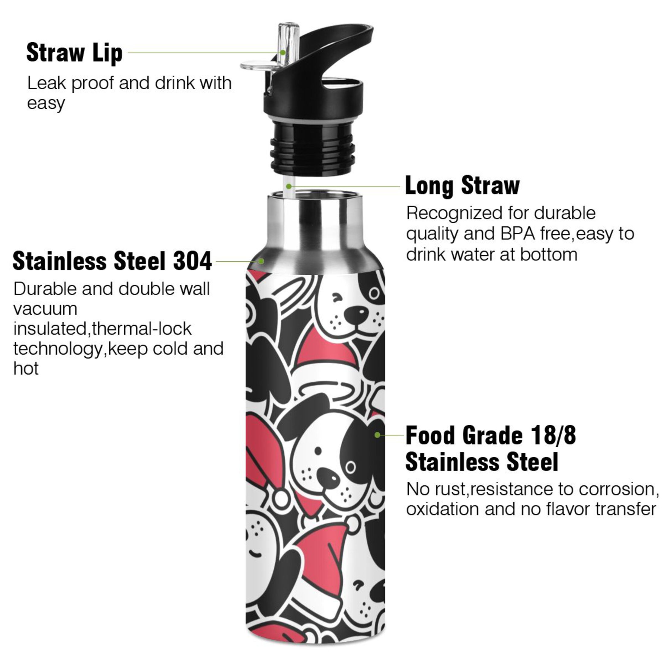 Water Bottle with Straw Lid Leak Dog Pattern Stainless Steel Insulated Thermos Vacuum Flask for Cold Hot Drinking for Sports Camping Gym Yoga