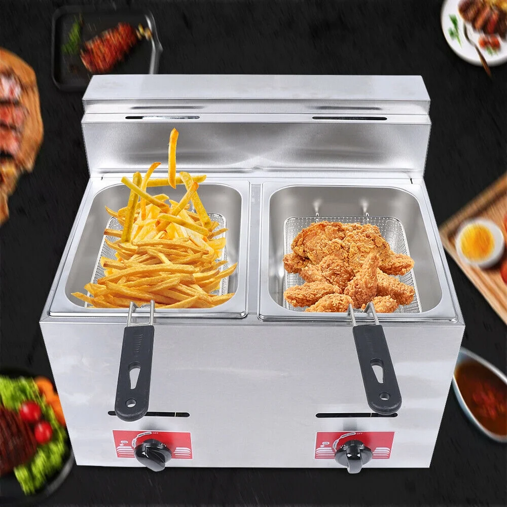 Commercial Countertop Gas Fryer Deep Fryer Restaurant Stainless Steel 12L Gas Fryer w/ 2Baskets LPG & 2 Lids arge Unibody Oil Cylinder Grind the Corners of the Fuselage Cylinder Prevent Scratches