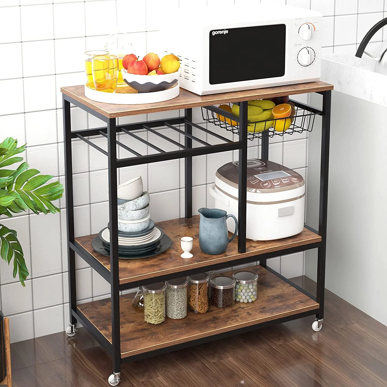 SogesPower Wood Kitchen Island Cart Unit, Rolling Kitchen Baker's Rack- Rustic Brown