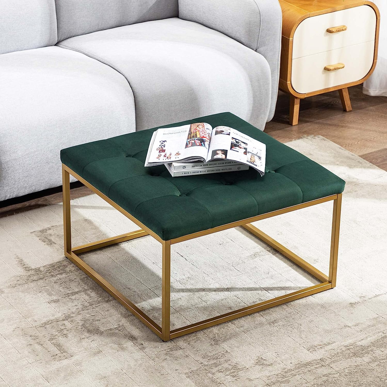 Duhome Ottoman Coffee Table Square Tufted Center Table Ottoman for Living Room Modern Velvet Upholstered Cocktail Ottoman with Metal Base, Green