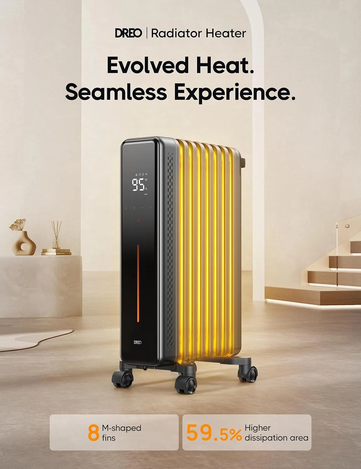 YINCHEN Oil Filled Radiator, 1500W Electric Radiant Heaters with Remote Control, 4 Modes, Overheat & Tip-Over Protection, 24h Timer, Quiet, Digital Thermostat, Safety for Indoor Use, Large Space