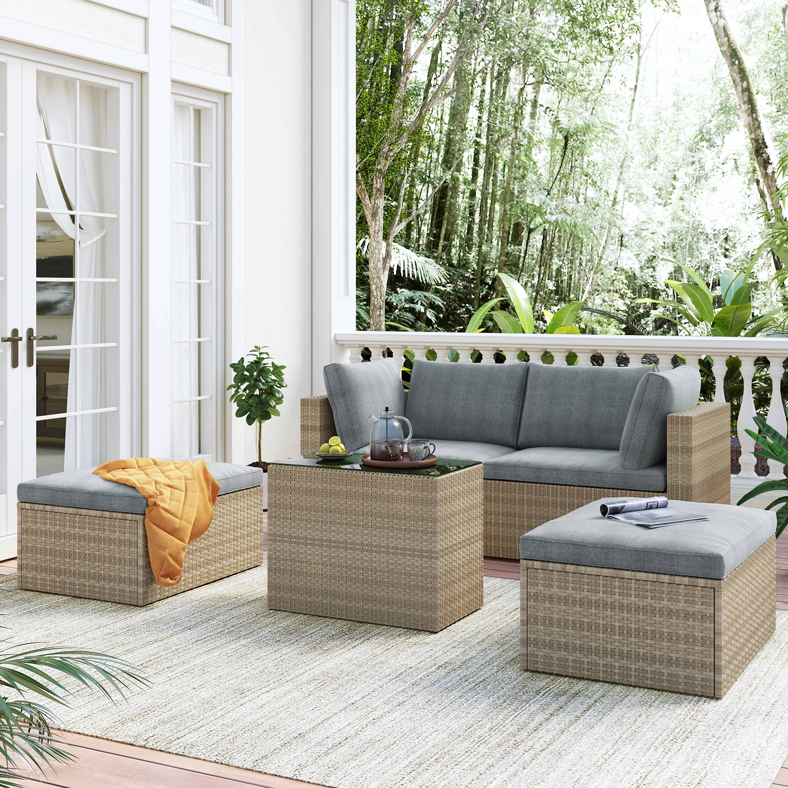 Outdoor Patio Sofa Set, Terrace Furniture Sectional Sofa With Ottomans And Cushions, Patio Wicker Rattan Conversation Sets, Gray
