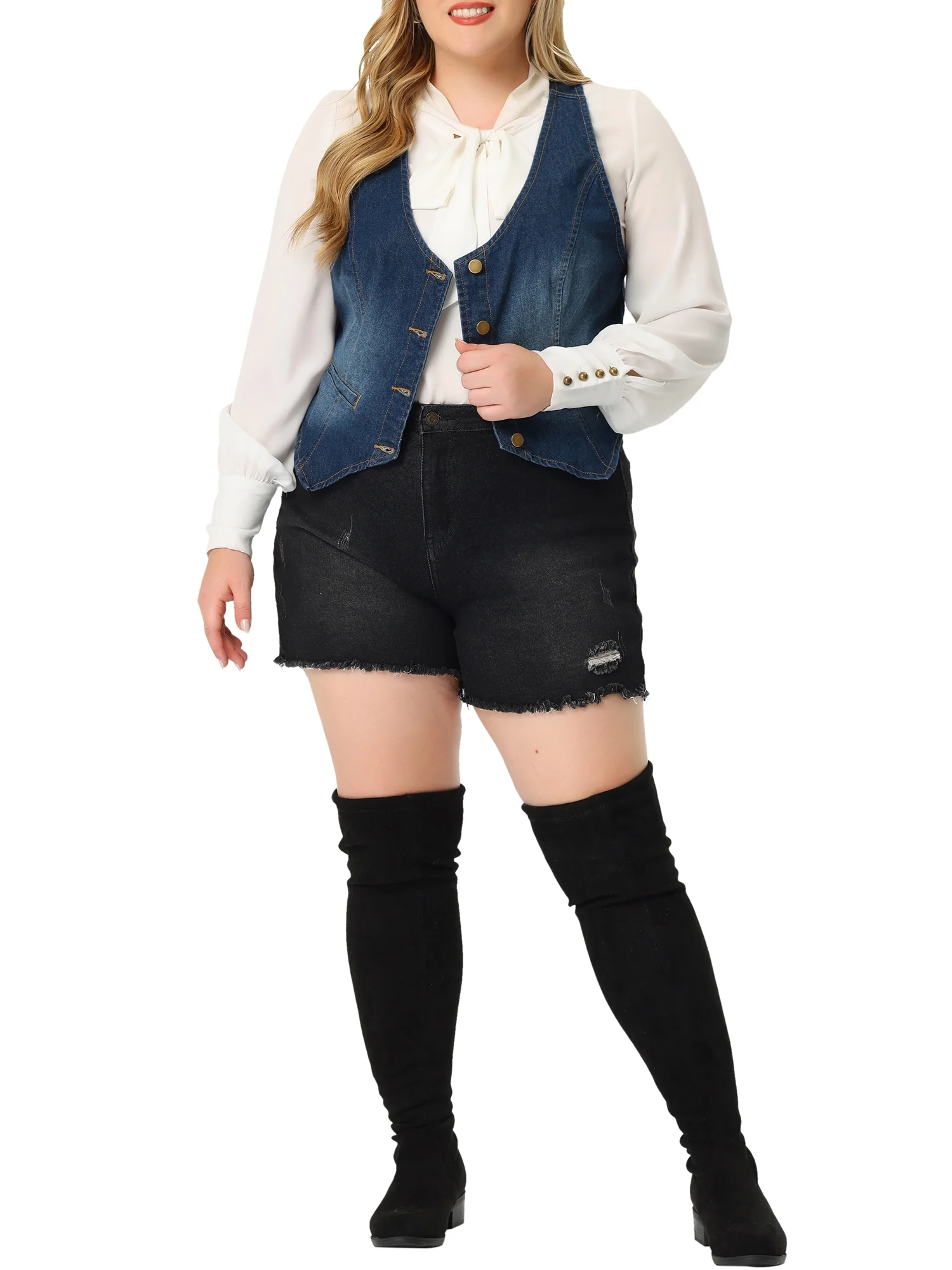 Agnes Orinda Women's Plus Size Denim Sleeveless Jacket Button Up Vintage Jean Waistcoat Vest