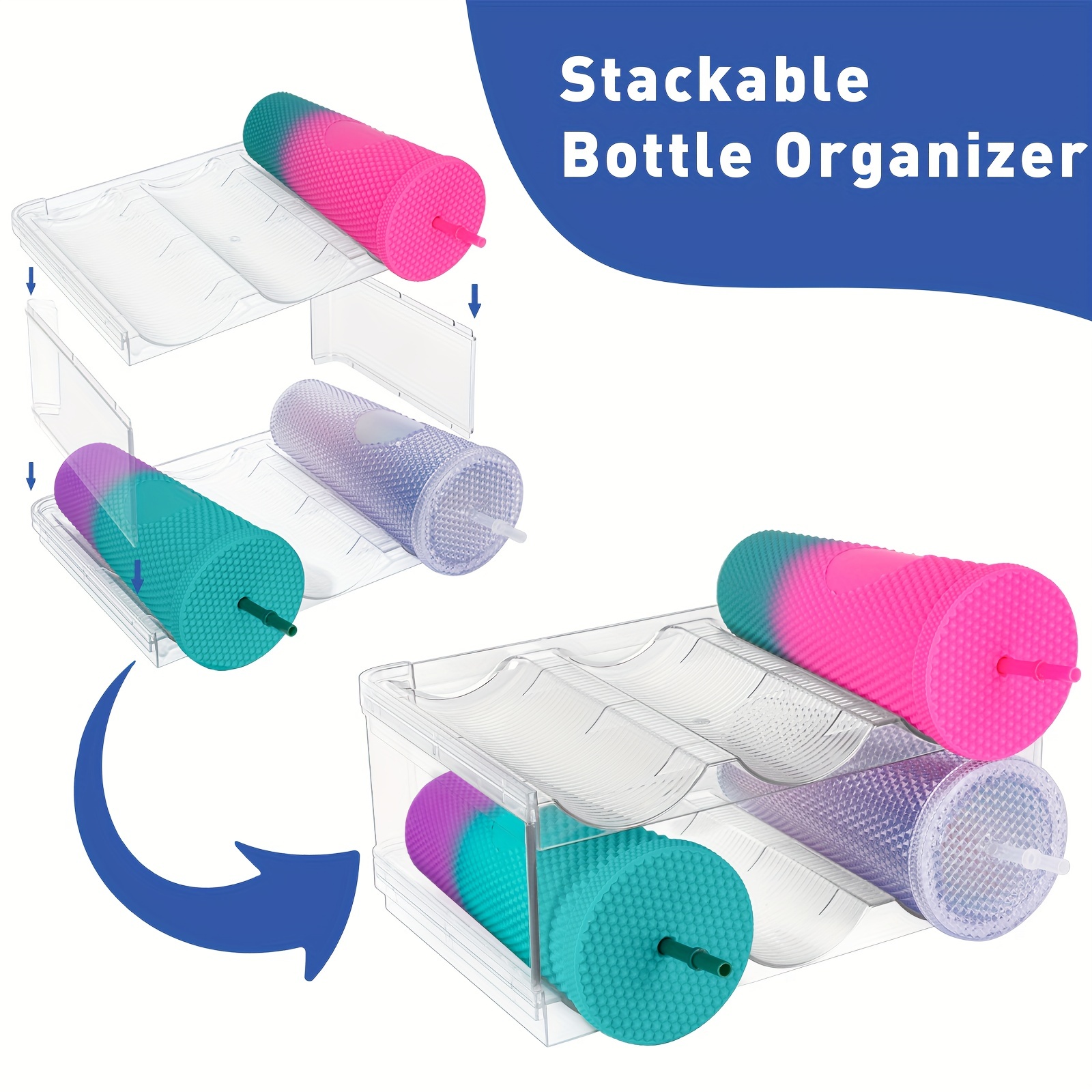 Clear Stackable Water Bottle Organizer - 4 Layers, Space-Saving Kitchen Pantry Storage Shelf for Fridge and Cabinet - Plastic Holder for Tumbler, Mug, and Travel Supplies