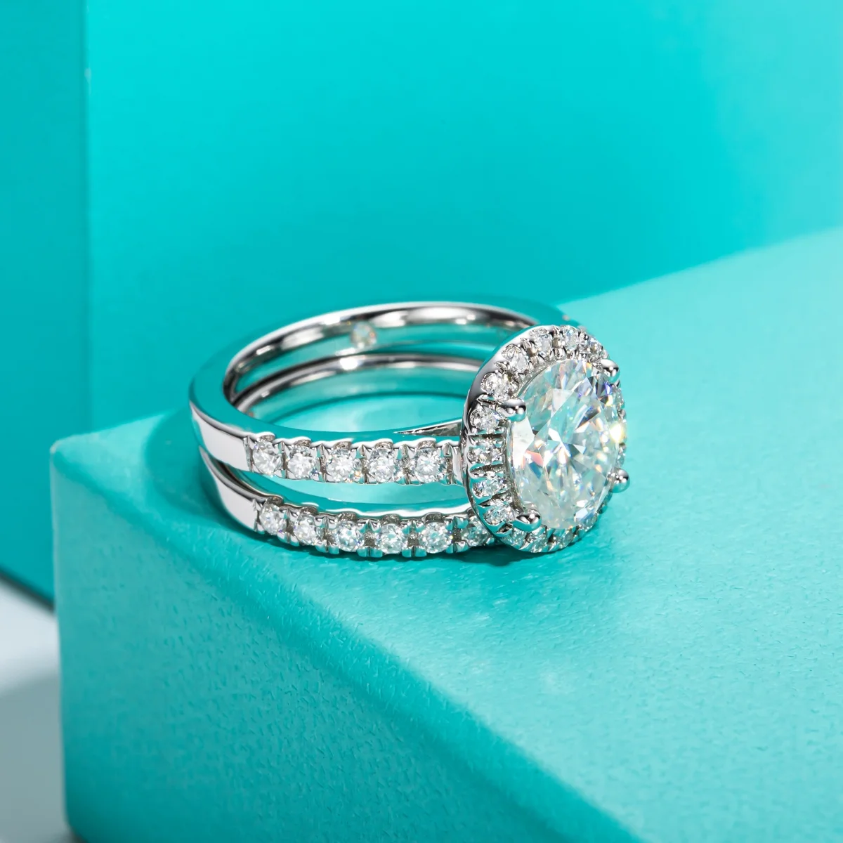 AnuClub Moissanite Engagement Ring,14K White Gold Plated Sterling Silver Promise Wedding Band Bridal Set for Women