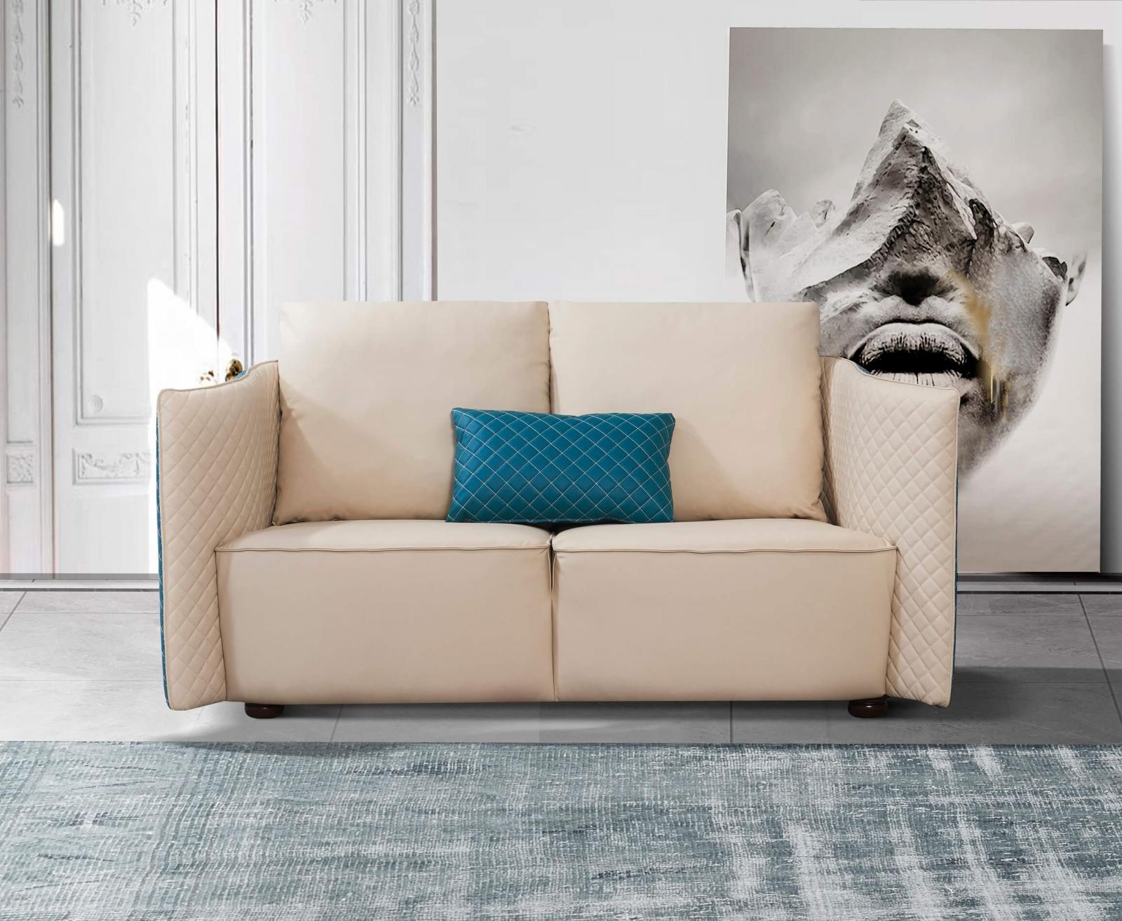Luxury Italian Leather Beige & Blue MAKASSAR Loveseat EUROPEAN FURNITURE Modern
