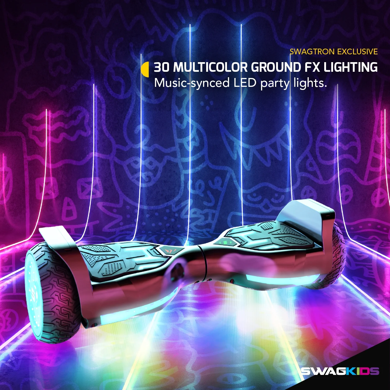 Swagtron Warrior T580 Hoverboard 220 Lbs Black Music-Synced Bluetooth LED Lights 7.5 Mph LiFePo Battery UL-Compliant