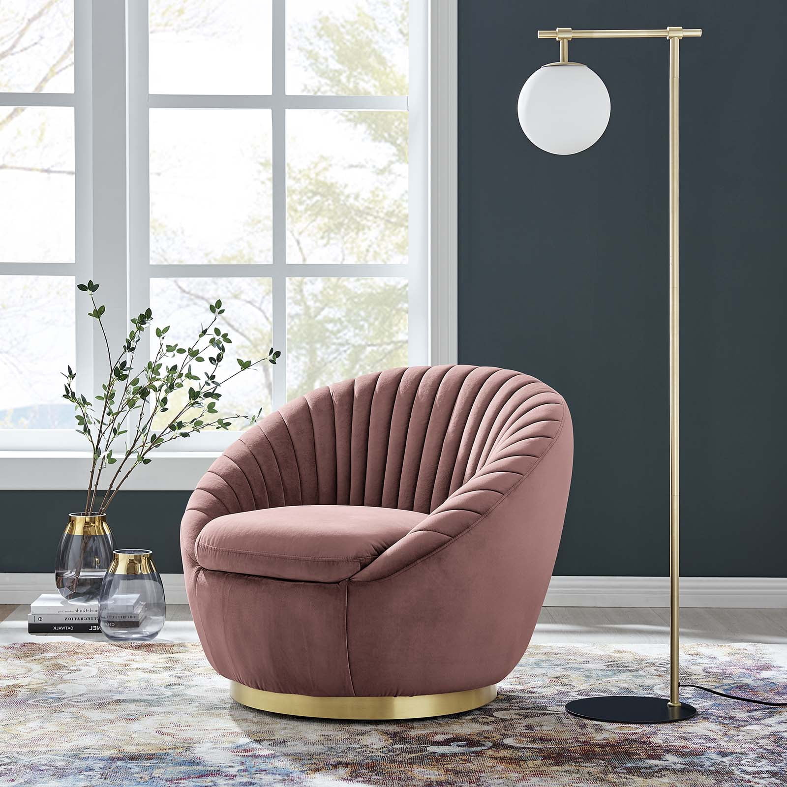 ArmTufted Chair Swivel Accent Tufted Chair, Pink Gold, Velvet, Modern Contemporary, Living Lounge Cafe Room Hotel Lobby Hospitality