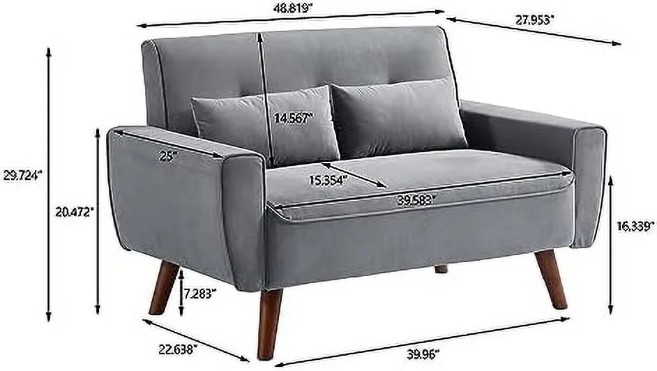 LLBIULife 48" Small Loveseat Sofa  Mid Century Modern Love Seat Couch  2 Seat Tufted Couches with Throw Pillows for Living Room  Apartment  Bedroom and Small Spaces  Light Grey