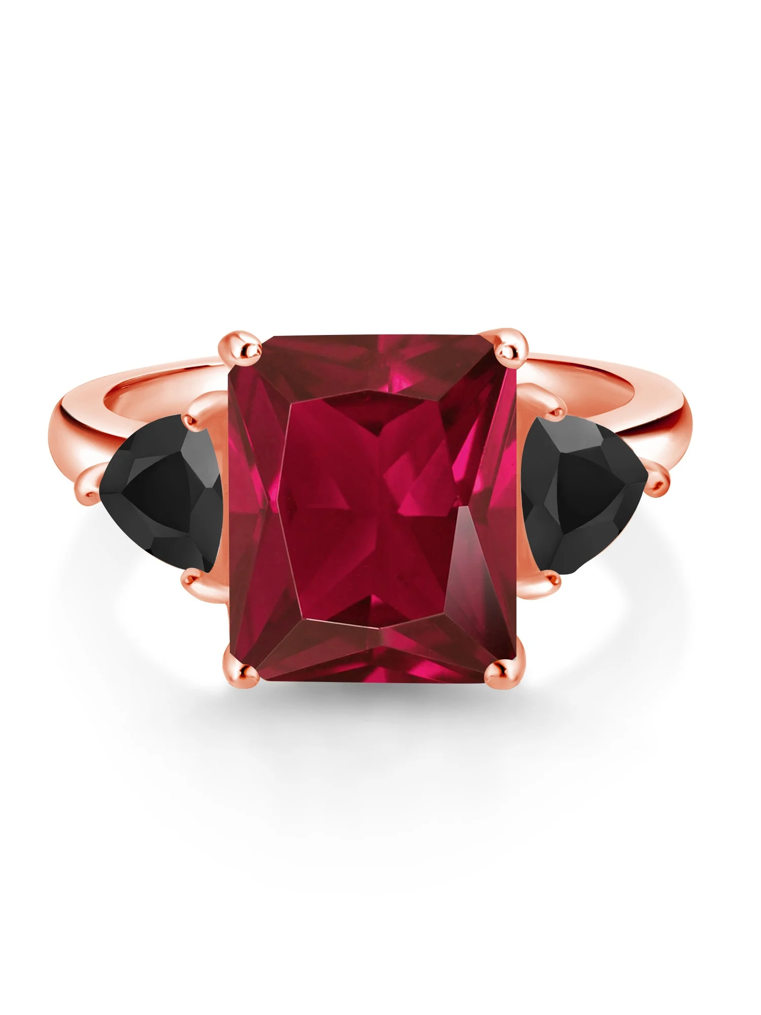 Gem Stone King 18K Rose Gold Plated Silver Red Created Ruby and Black Onyx 3 Stone Ring For Women (6.42 Cttw, Octagon 12X10MM, Trillion 5X5MM, Gemstone July Birthstone, Size 7)