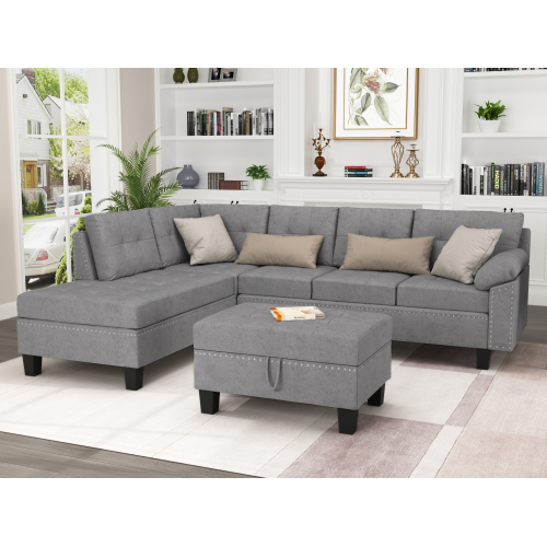 Wulawindy Sectional Sofa Set with Chaise Lounge and Storage Ottoman Nail Head Detail (Grey)