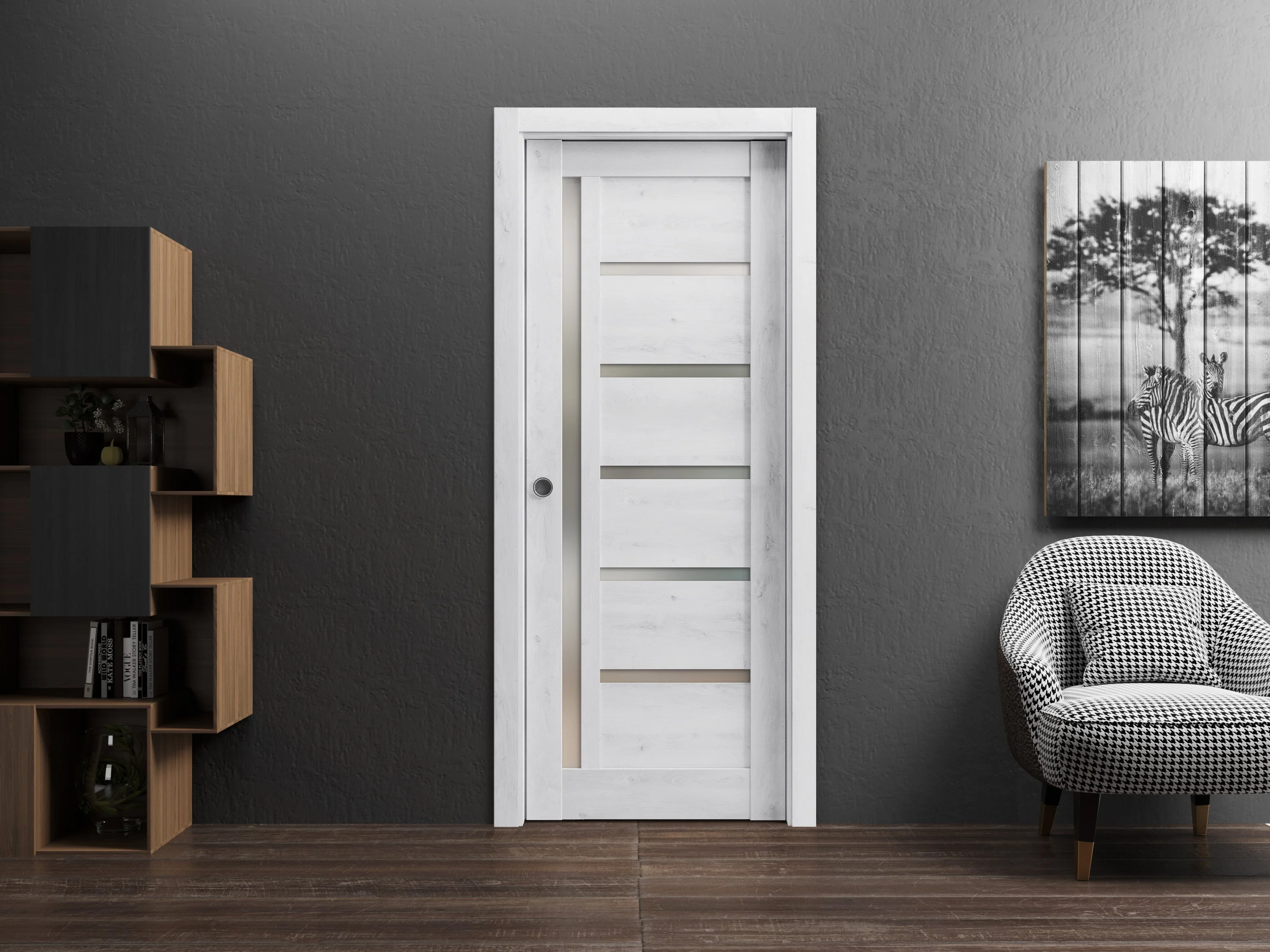 Sliding French Pocket Door 28 x 84 inches | Quadro 4088 Nordic White with Frosted Glass | Kit Trims Rail Hardware | Solid Wood Interior Bedroom Sturdy Doors